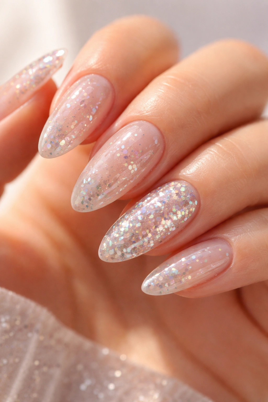 Almond nails with clear base and sparse holographic flakes on a neutral background