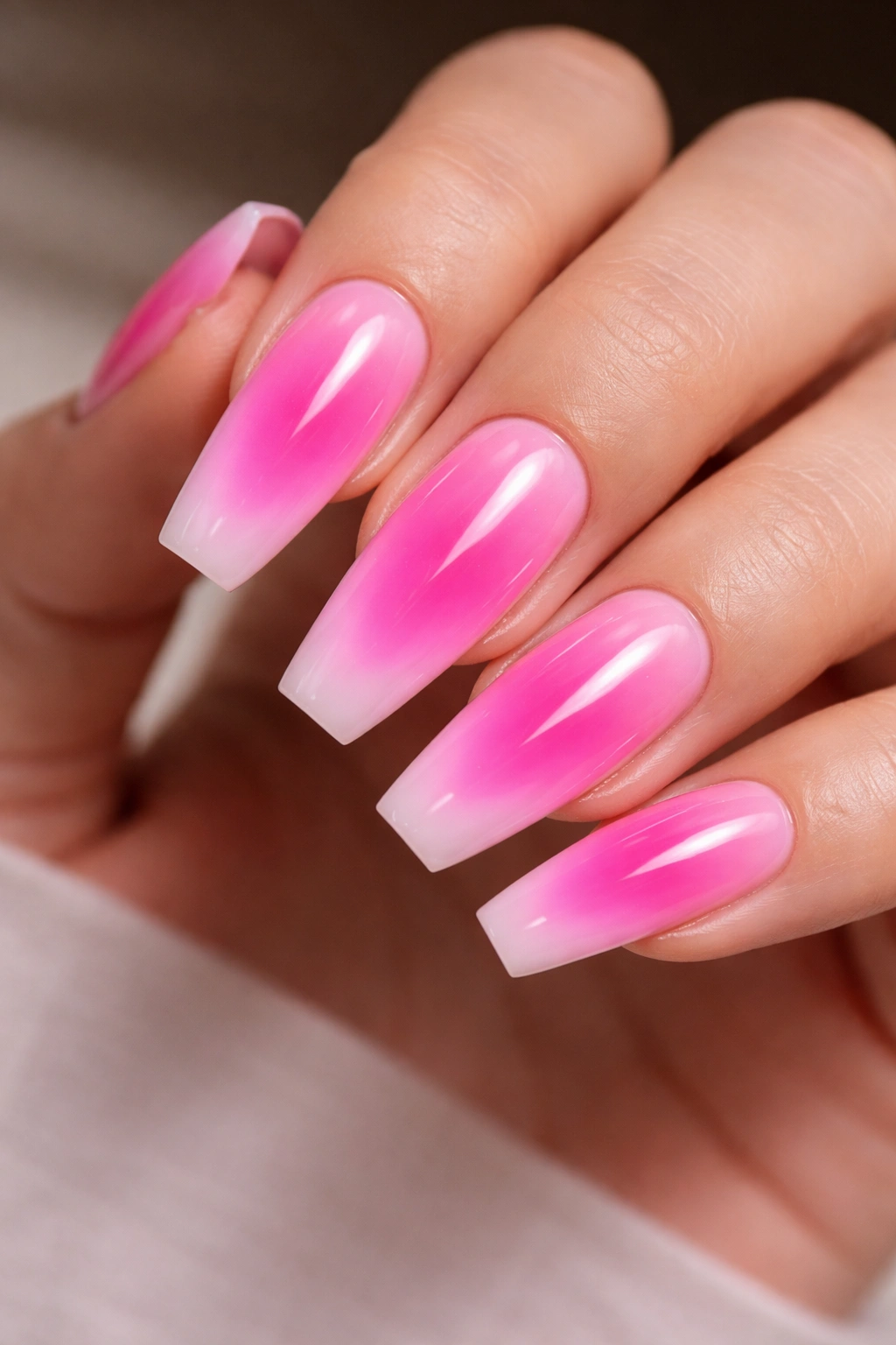 Close-up of coffin nails with a hot pink aura glow and soft halo on a neutral studio backdrop