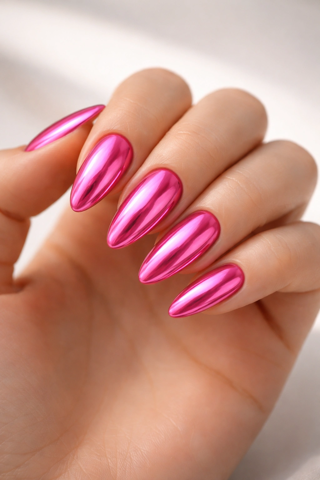 Hot pink chrome almond nails with mirror finish