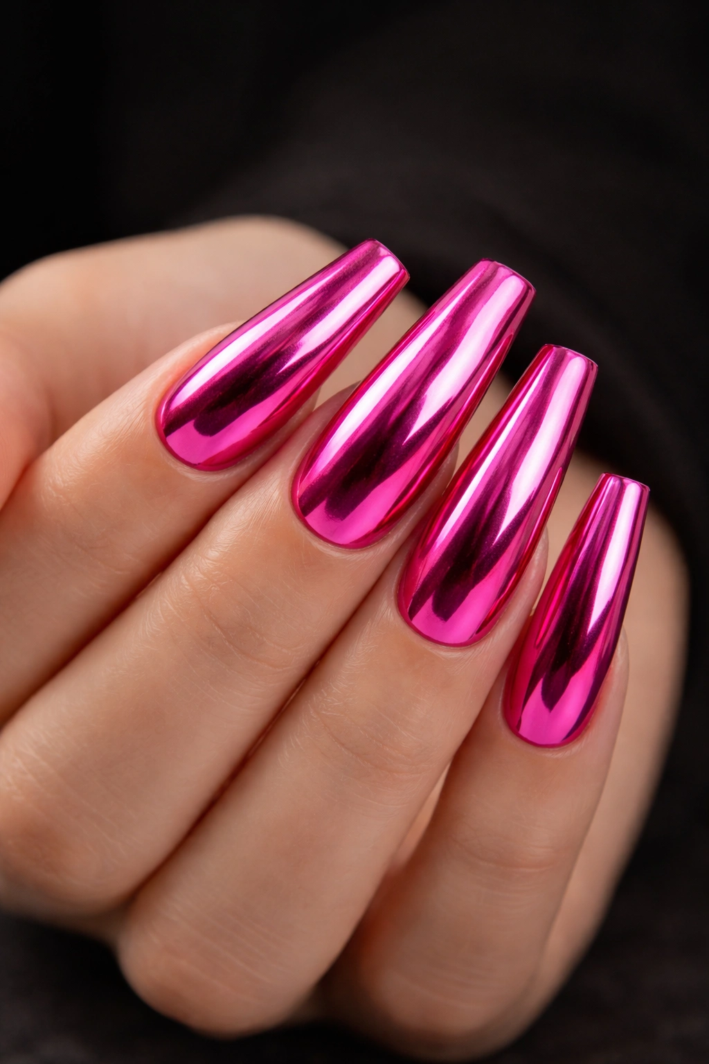 Close-up of hot pink liquid-metal coffin nails with mirror-like chrome