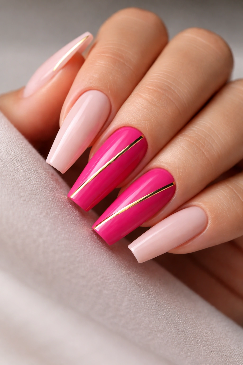 Close-up of coffin nails with hot pink accent nails and thin gold chrome lines on a soft pink base