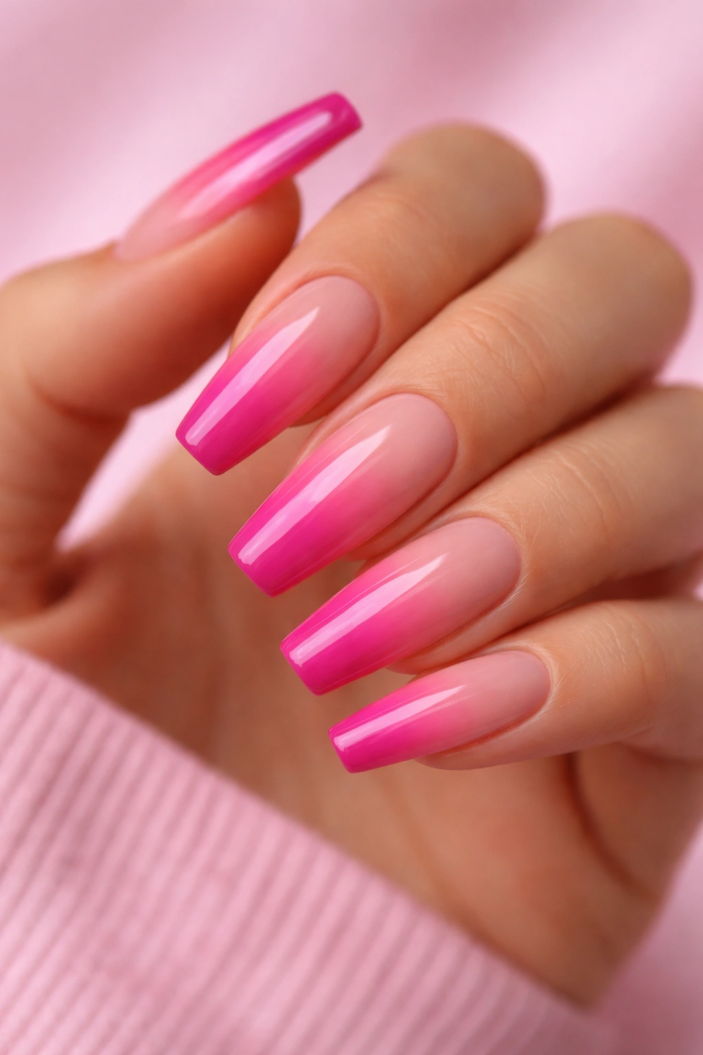 Close-up of hot pink ombré coffin nails with glossy finish