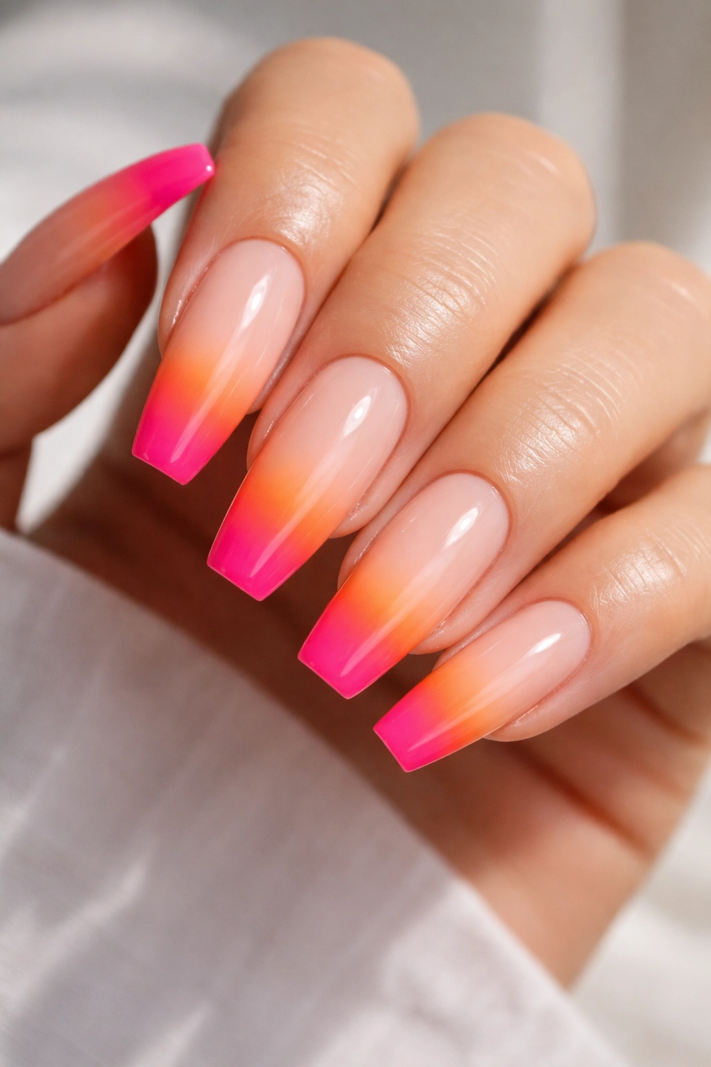 Close-up of coffin nails with a hot pink to orange sunset fade on a milky nude base.