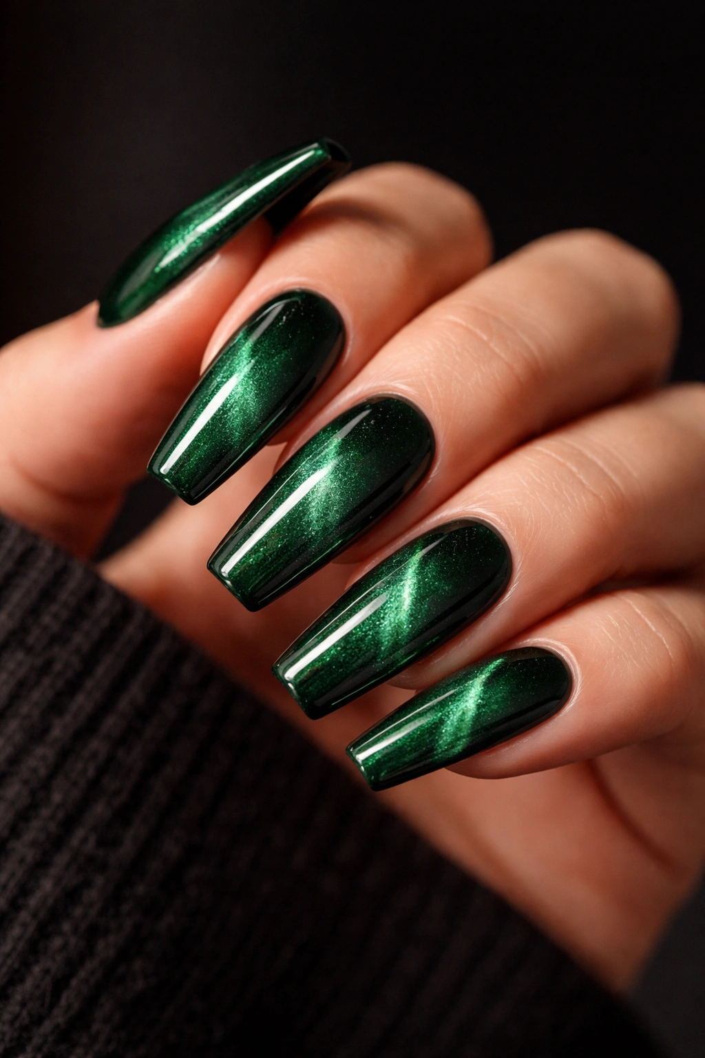 Close-up of hunter green velvet cat-eye coffin nails with diagonal shimmer