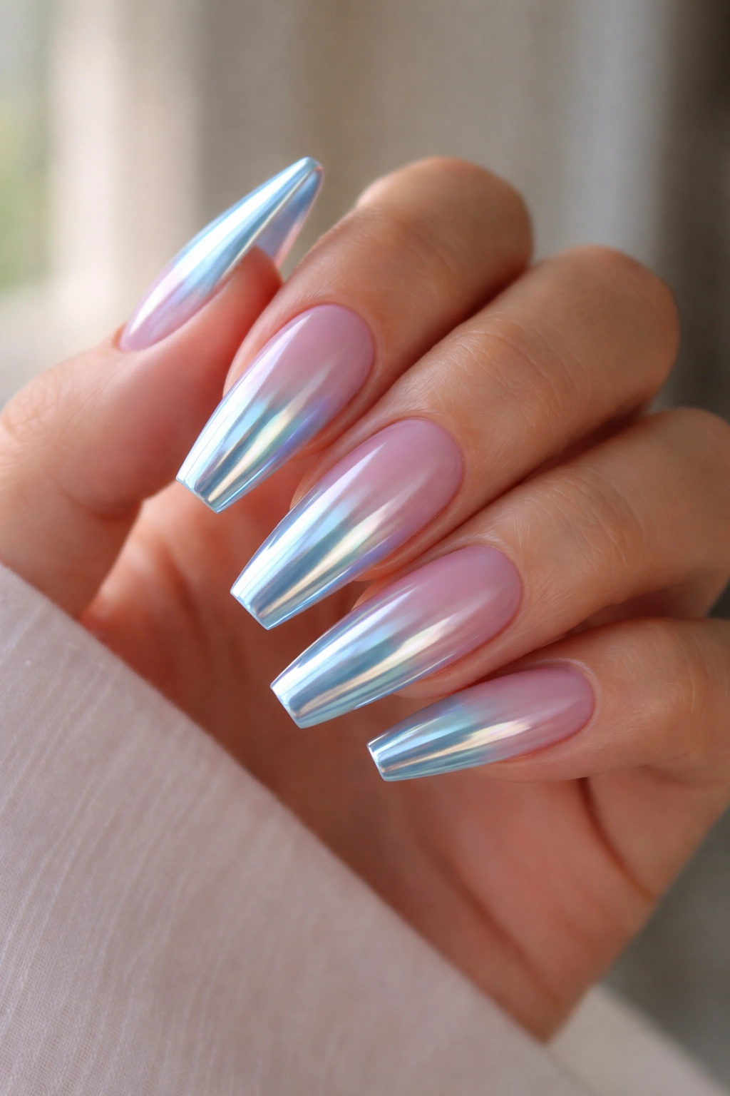 Close-up of coffin nails with ice blue chrome over a sheer pink base