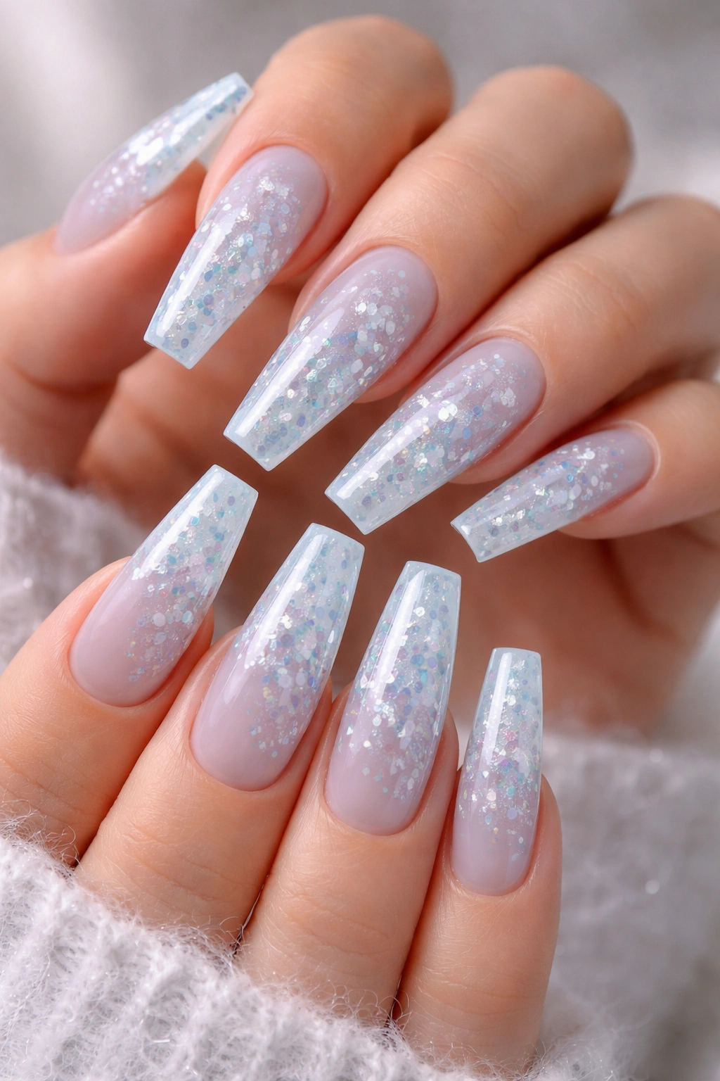 Close-up of icy blue coffin nails with irregular white-silver glitter shards encapsulated for a crisp frost look