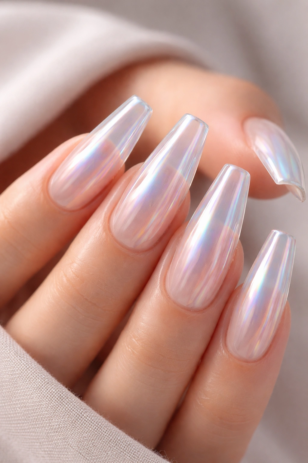 Close-up of iridescent clear coffin nails with a soft chrome veil and translucent tips.