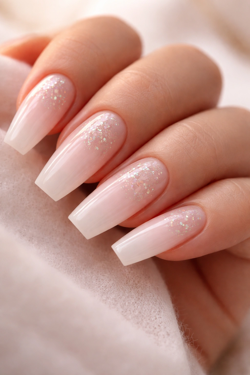 Close-up of pale pink coffin nails with tiny iridescent flakes on a bubble bath base.
