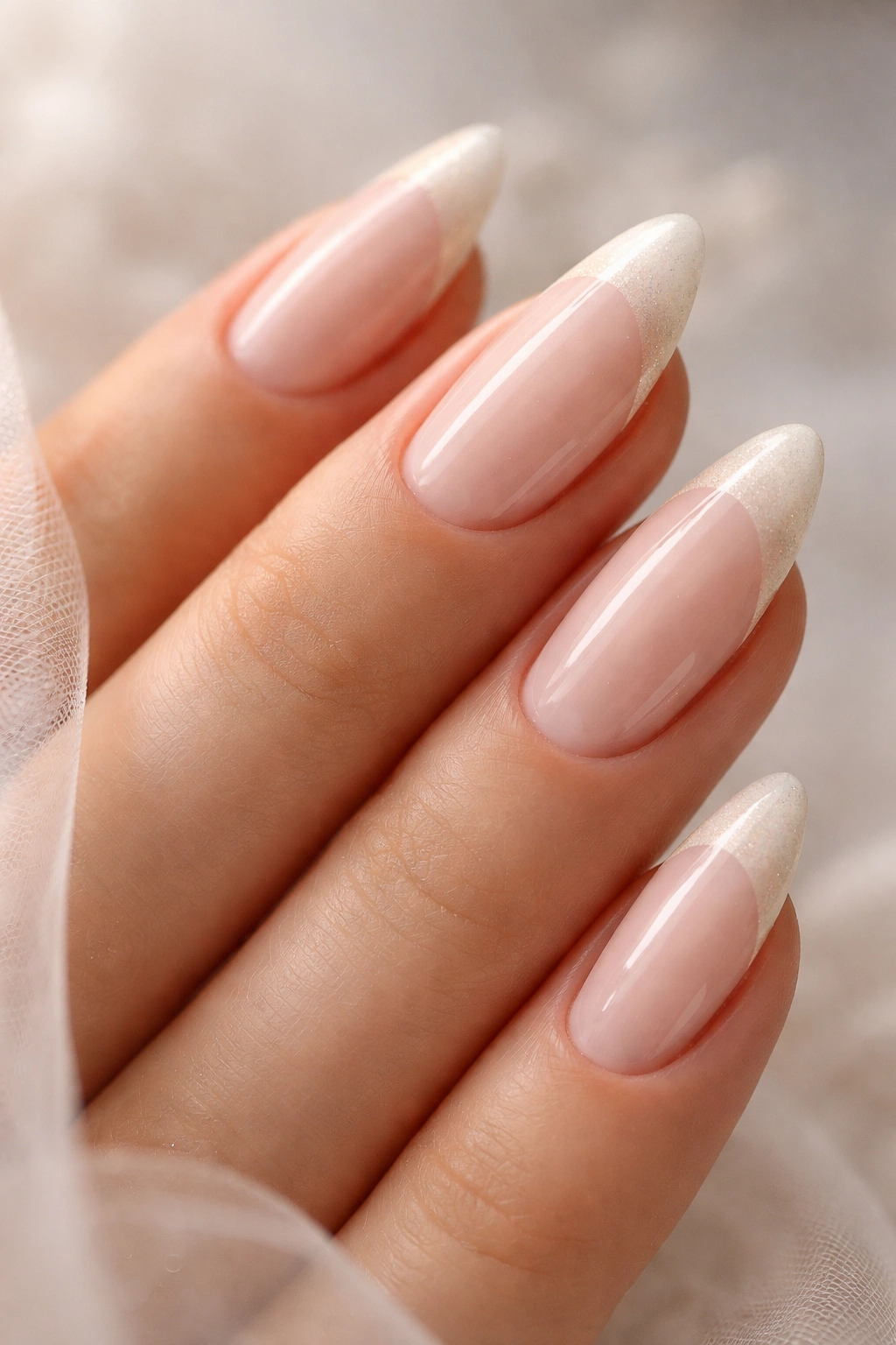 Almond nails with soft ivory bridal French and micro shimmer tip