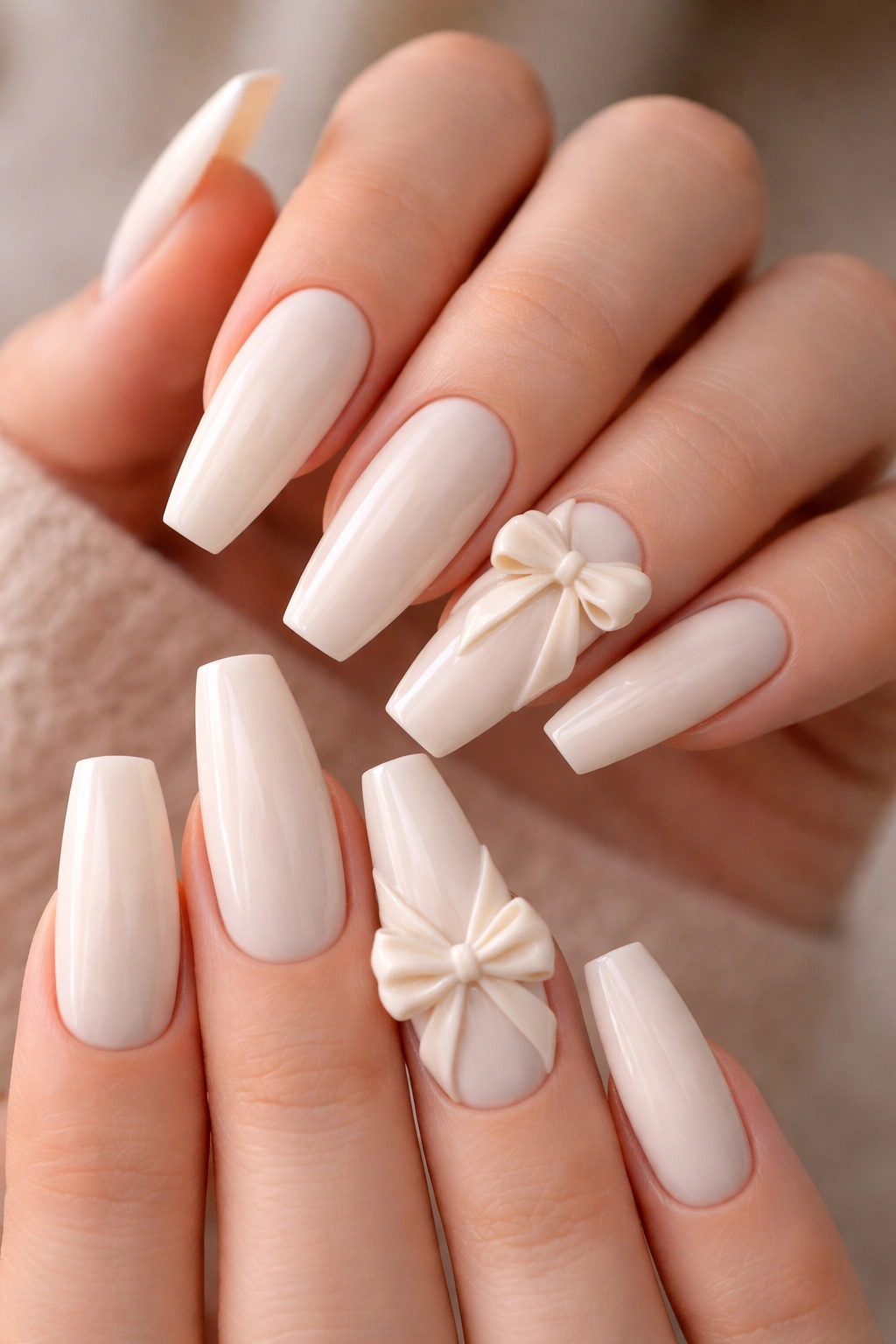 Close-up of ivory coffin nails with sculpted 3D ribbon bows