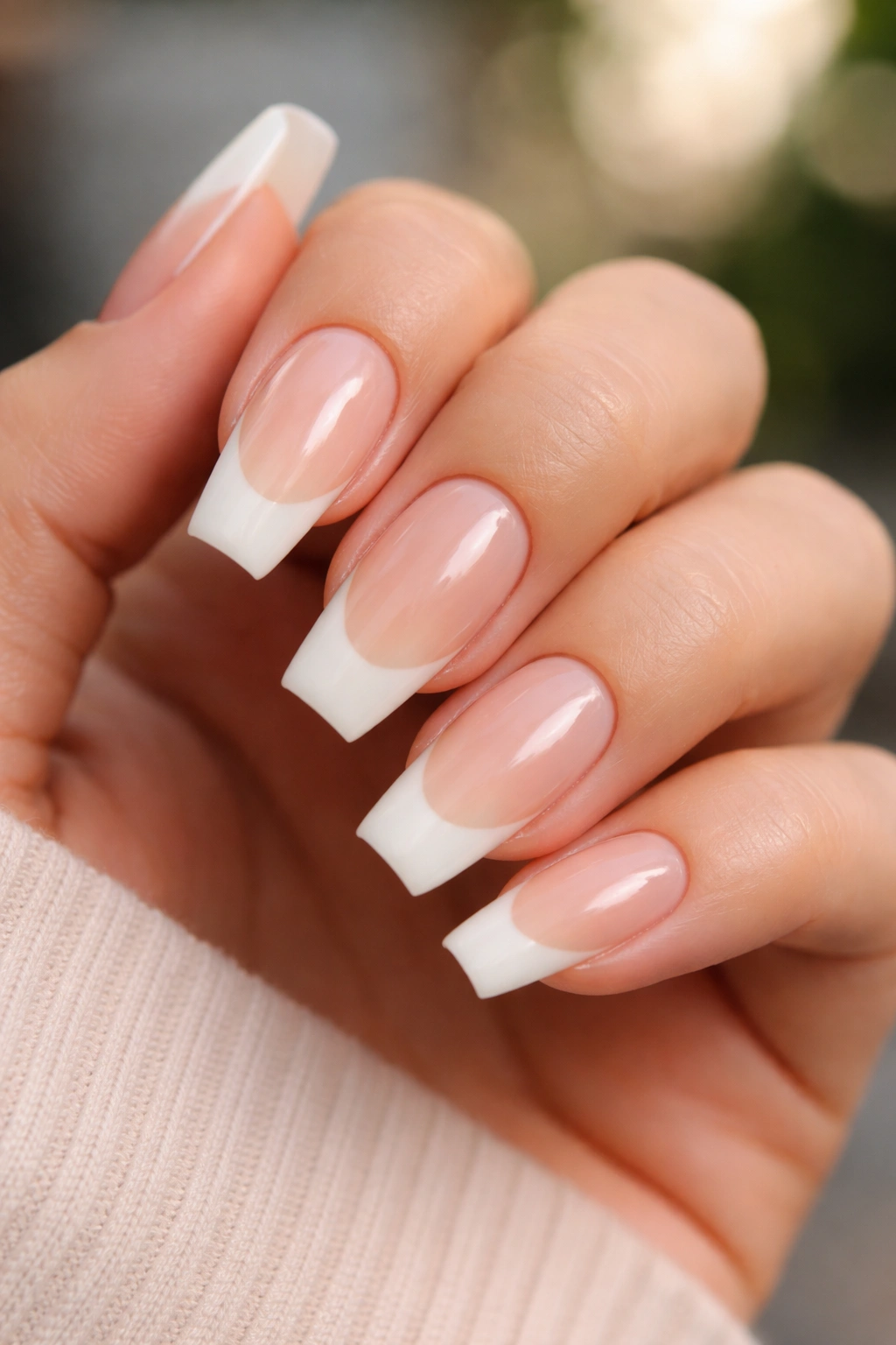 Close-up of ivory tips over peachy beige base on medium coffin nails.
