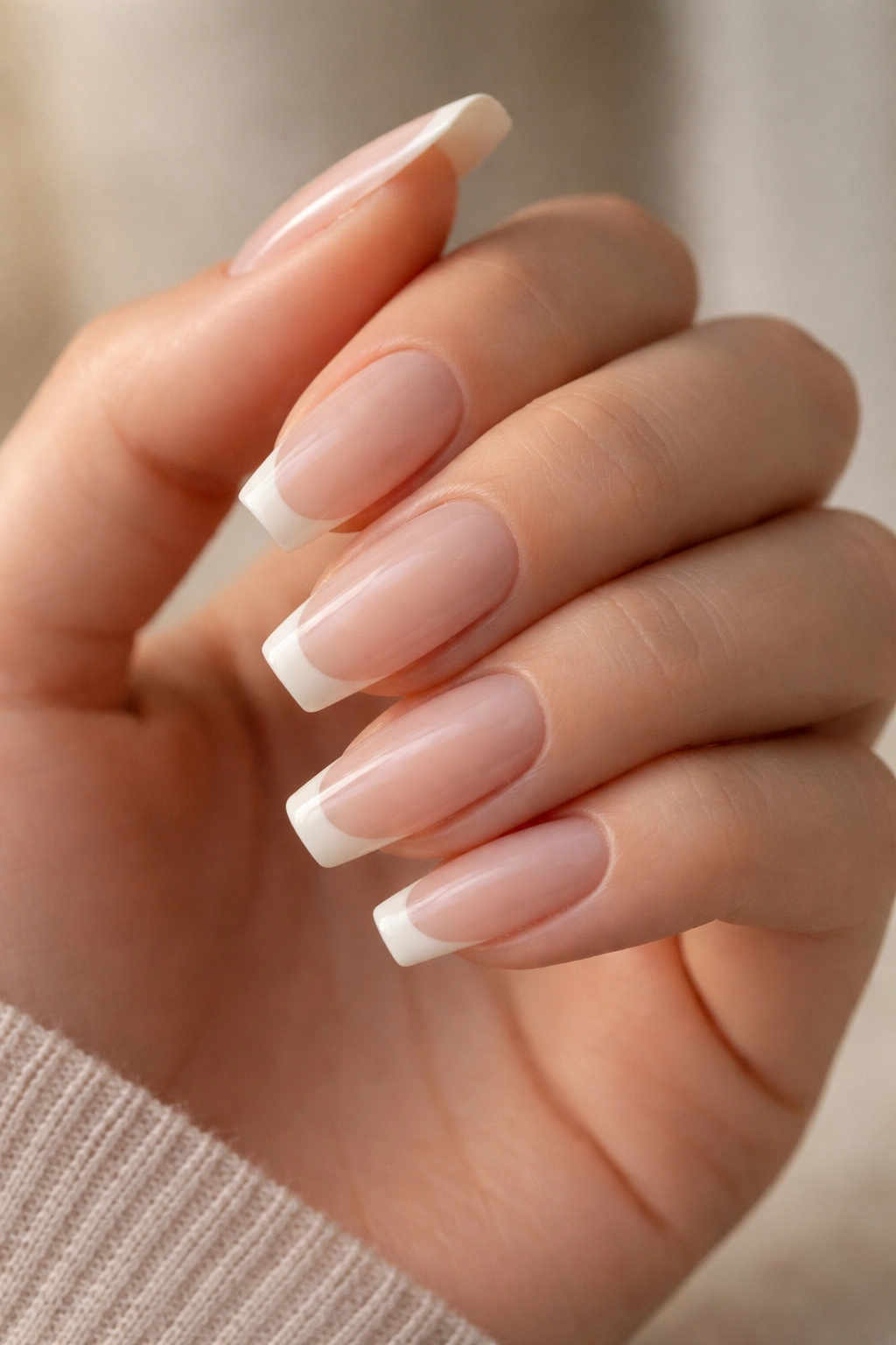 Close-up of coffin nails with nude base and ivory micro-French edge.
