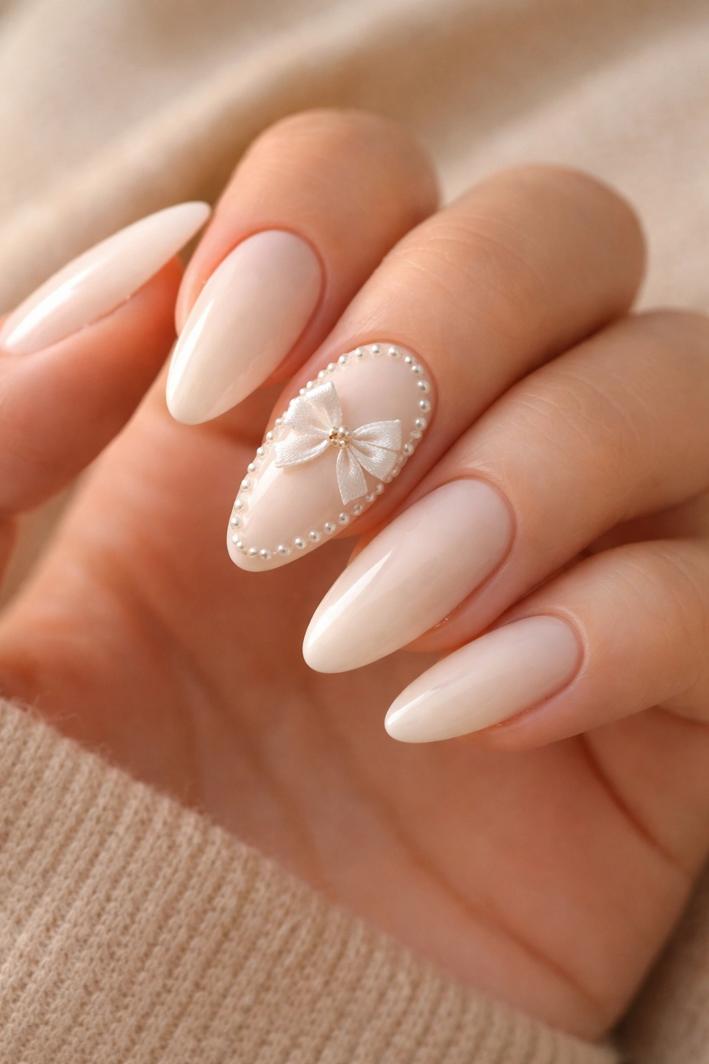 Ivory almond nails with pearl borders and a center bow