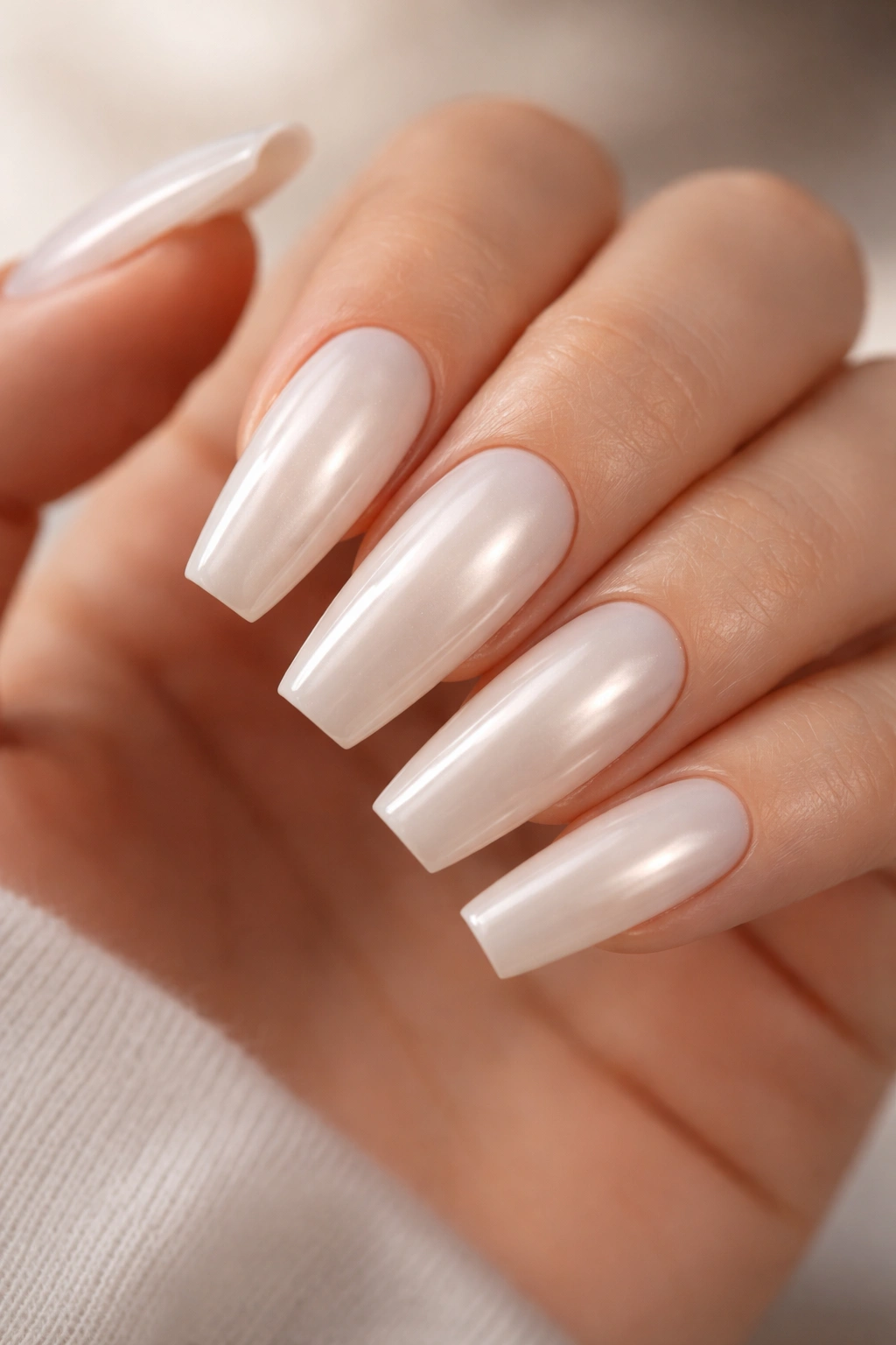 Close-up of ivory coffin nails with pearl glaze on a bare hand
