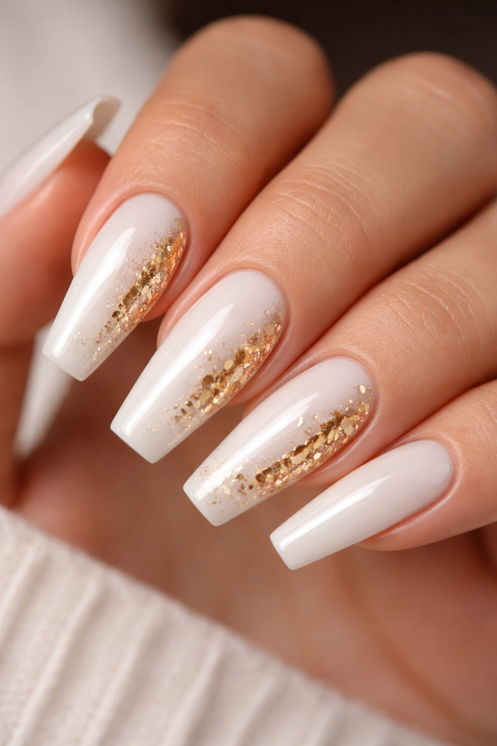 Close-up of ivory white coffin nails with encapsulated gold leaf