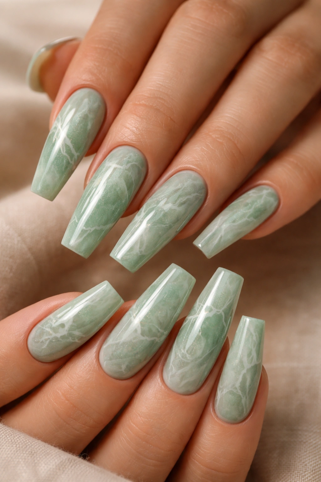 Close-up of jade marble coffin nails with white wisps and subtle veining