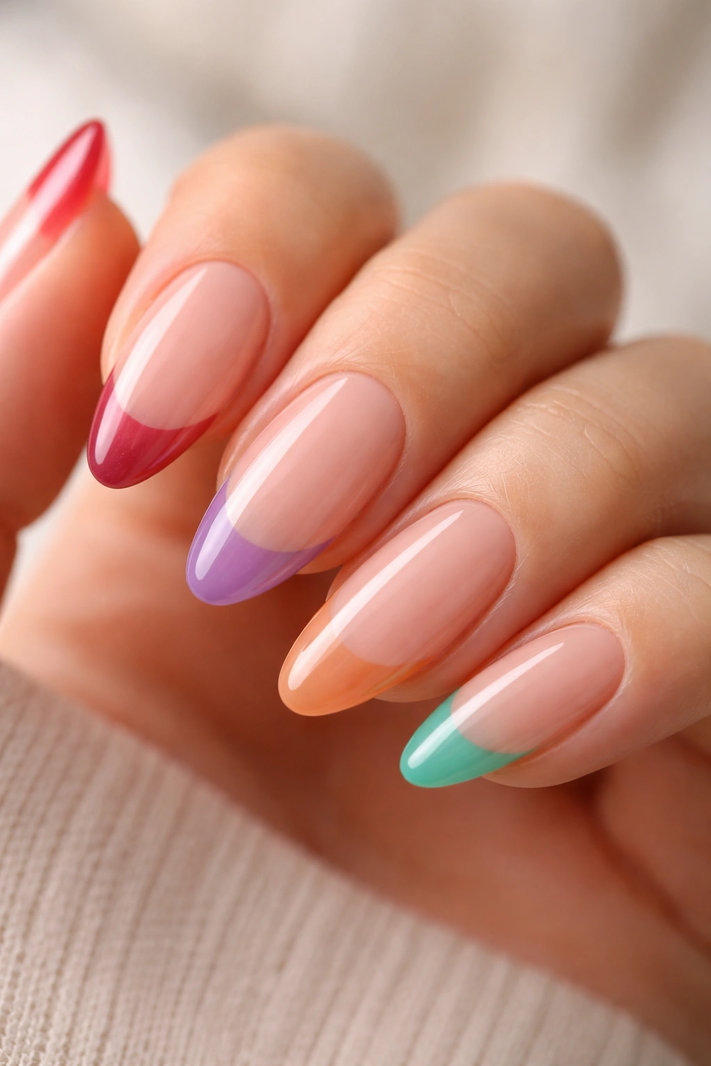Almond nails with jelly-tinted translucent tips over nude base