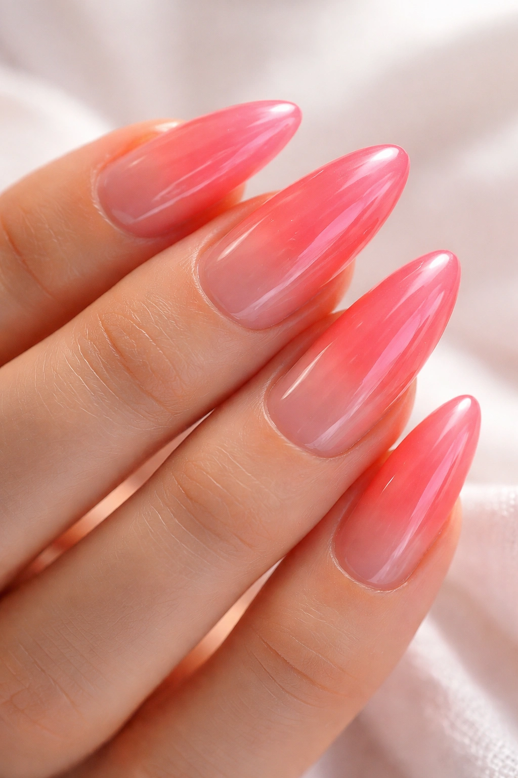 Almond nails with translucent jelly color showing depth
