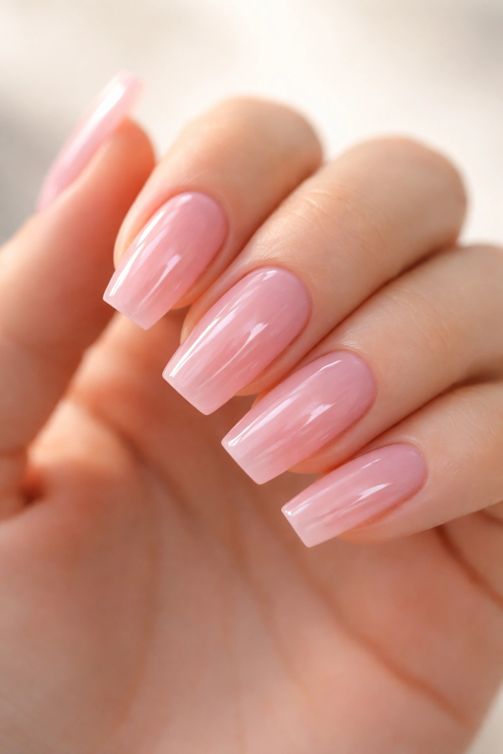 Close-up of baby pink jelly coffin nails on short nails.