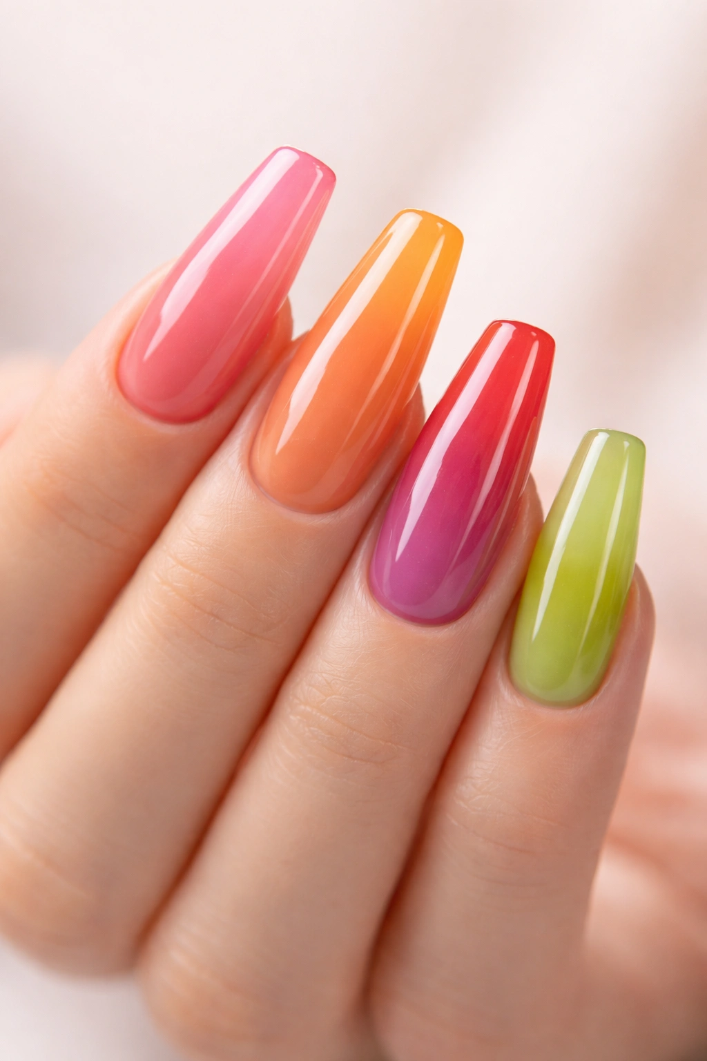 Close-up of coffin nails in translucent jelly colors forming a candy-like manicure