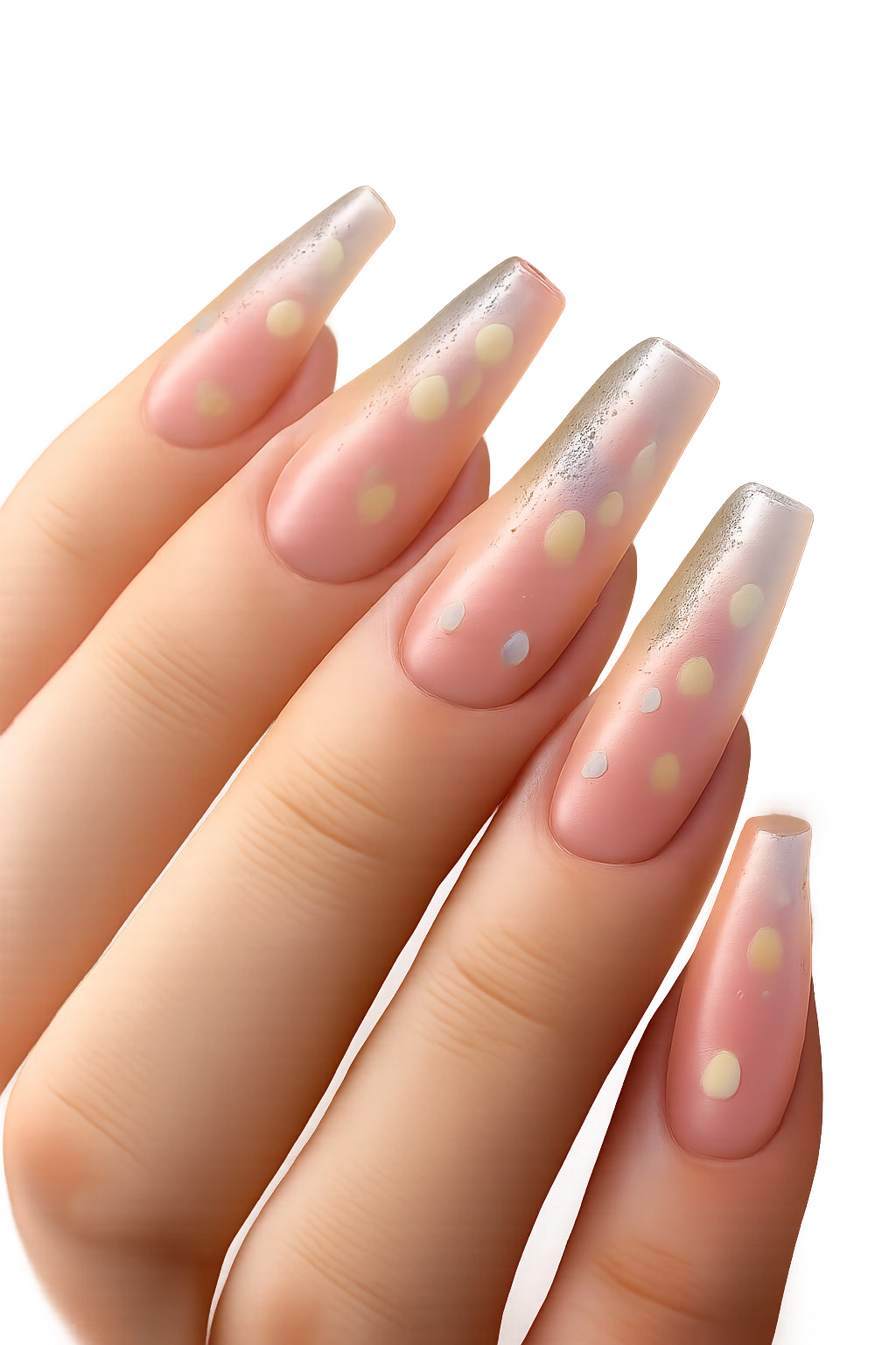 Long jelly coffin nails with translucent base and floating colored dots.