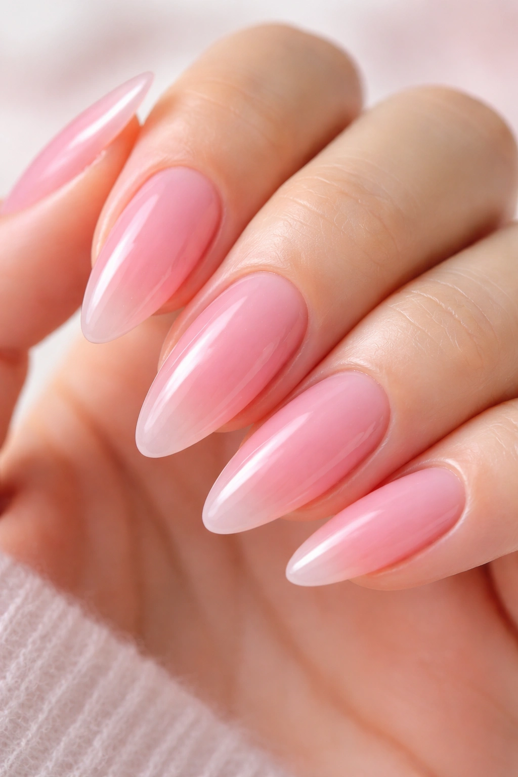 Close-up of translucent jelly pink almond nails