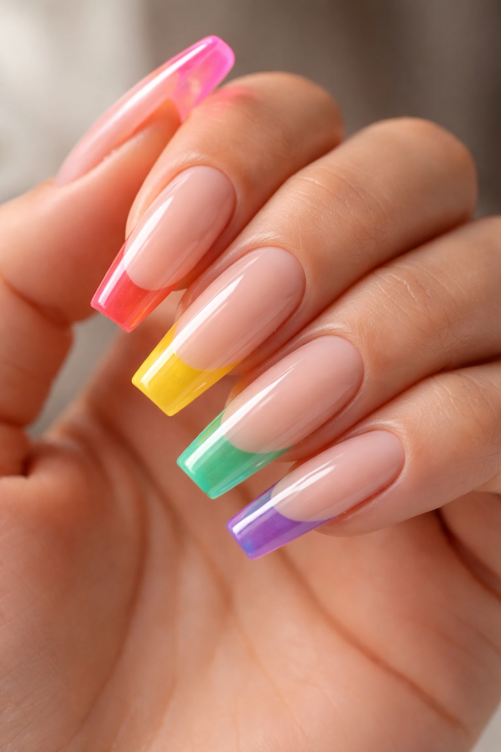 Coffin nails with jelly neon tips over a milky nude base.