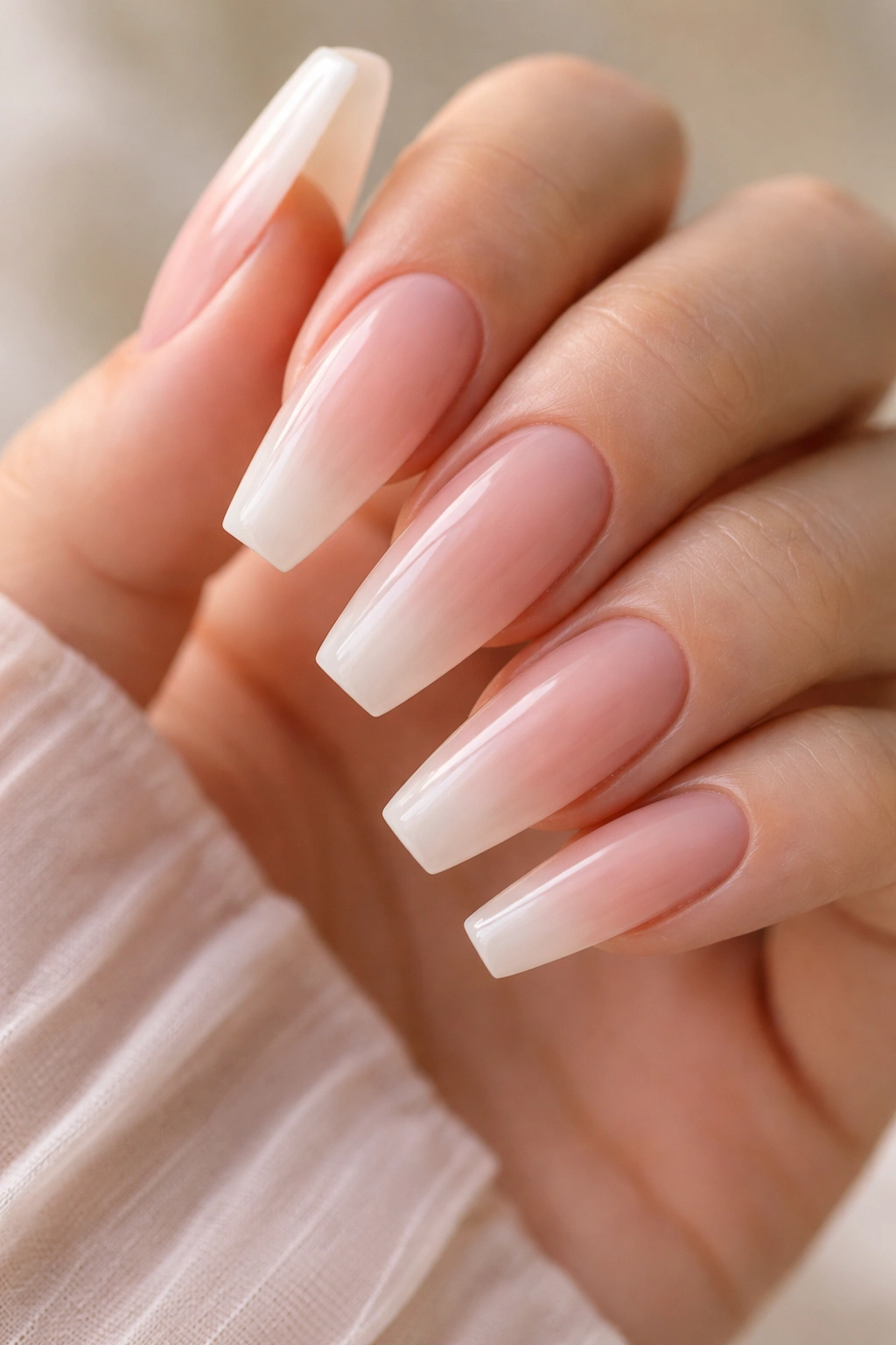 Close-up of jelly nude coffin nails over a clear base with milky finish