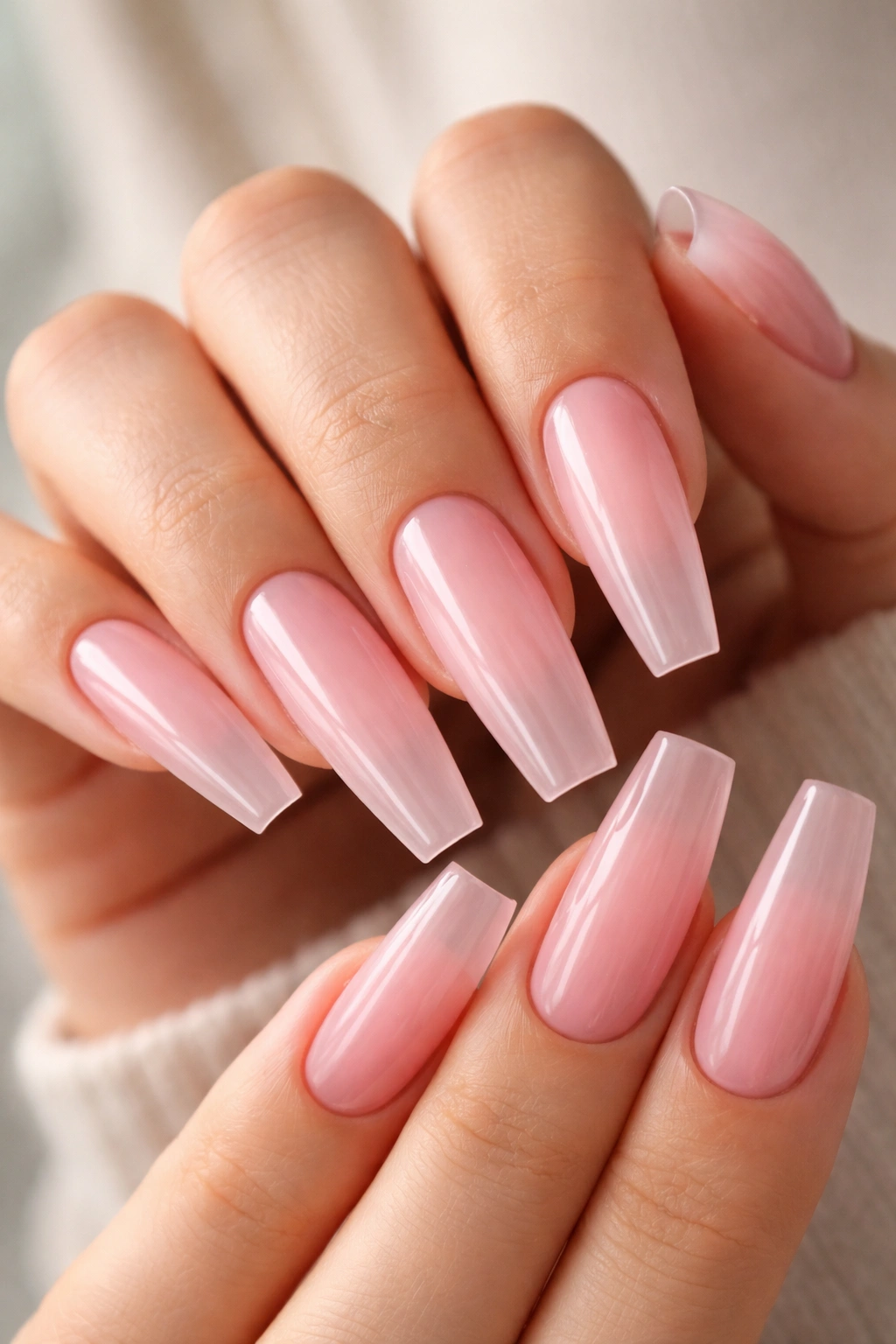 Close-up of jelly pink coffin nails showing translucent depth