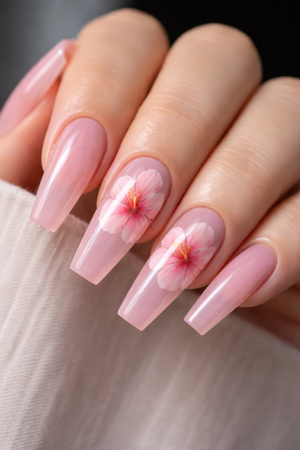 Close-up of jelly pink coffin nails with floating hibiscus blooms and negative space.