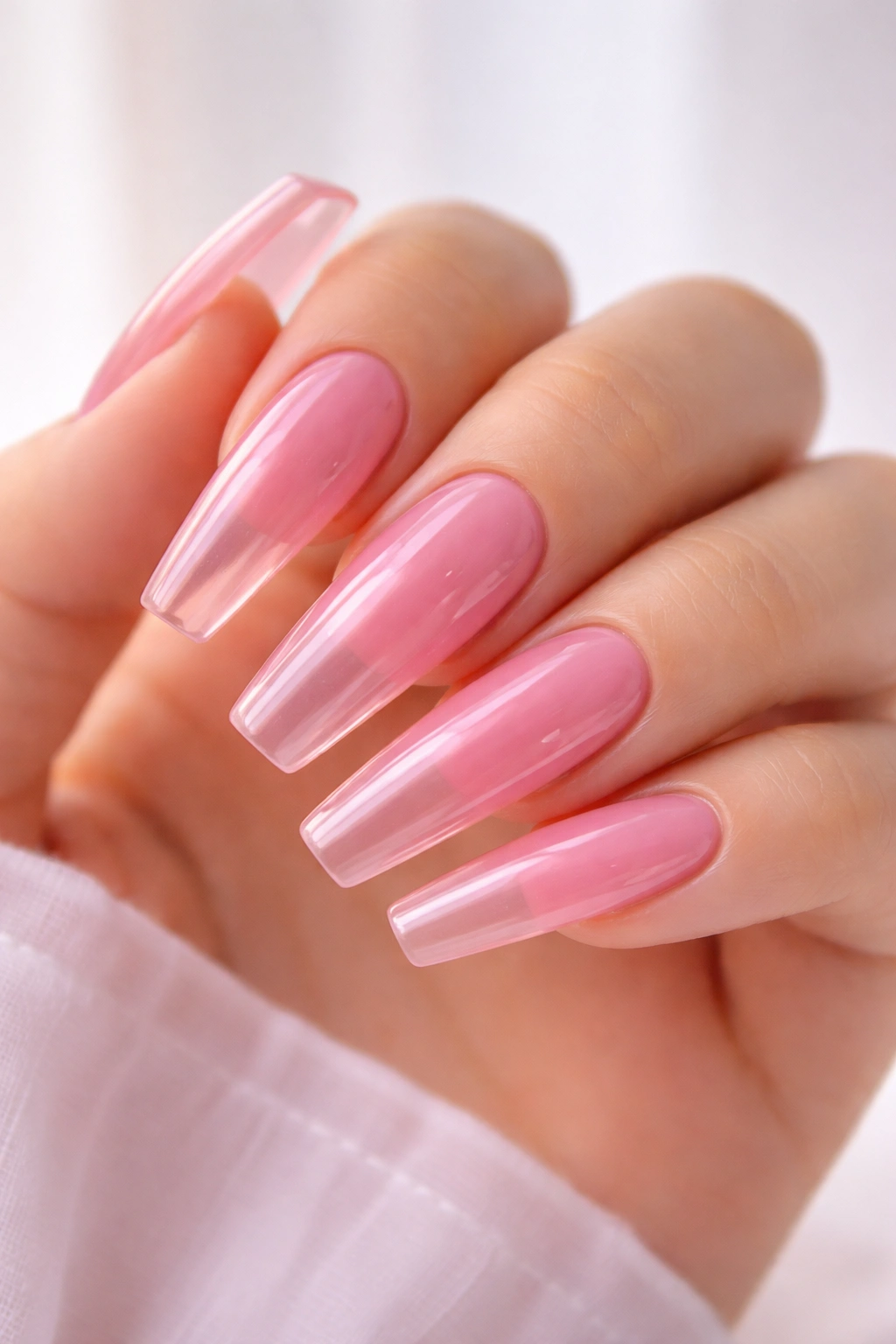 Translucent jelly pink coffin nails with candy-glass glow