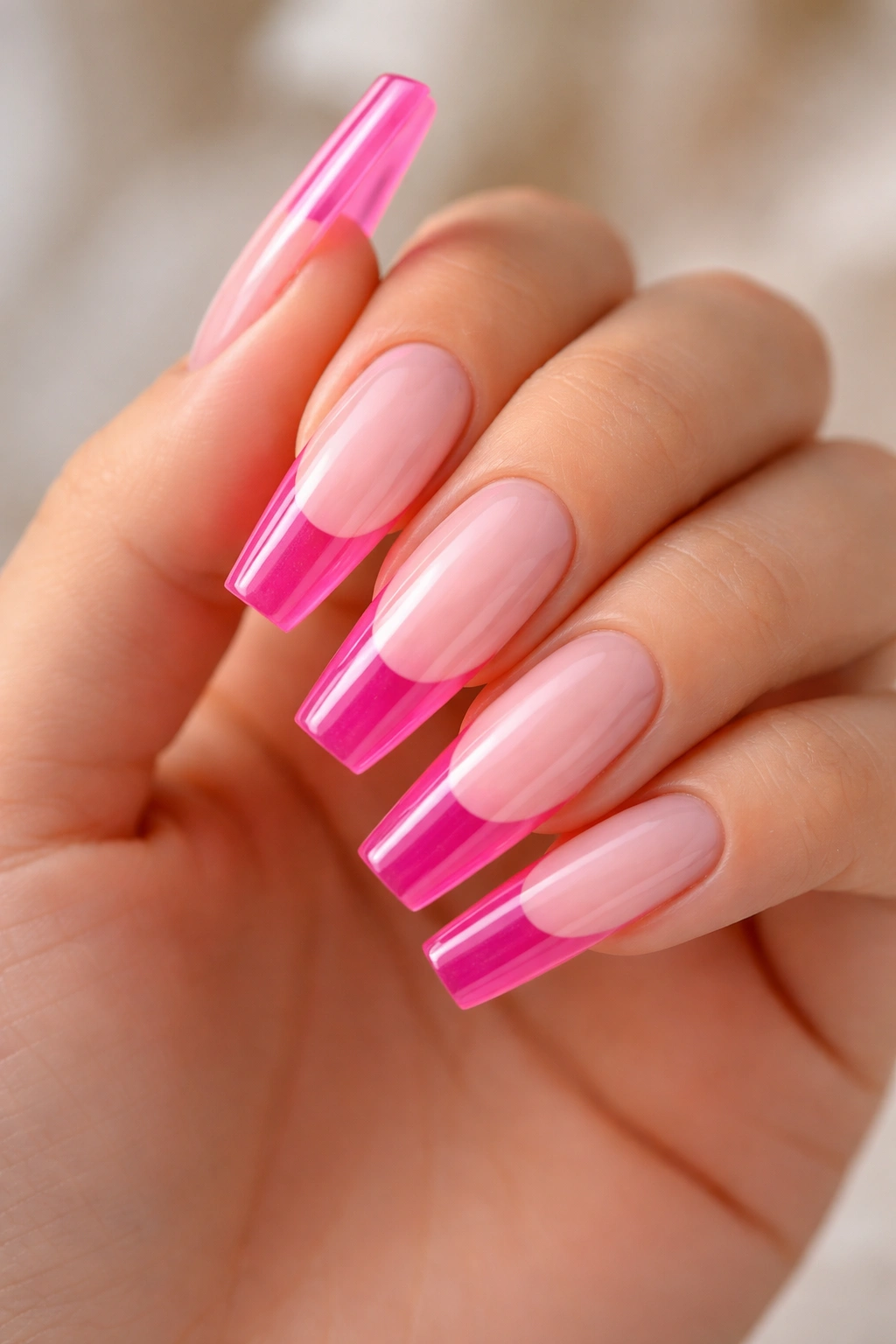 Coffin nails with translucent jelly pink tips over milky base