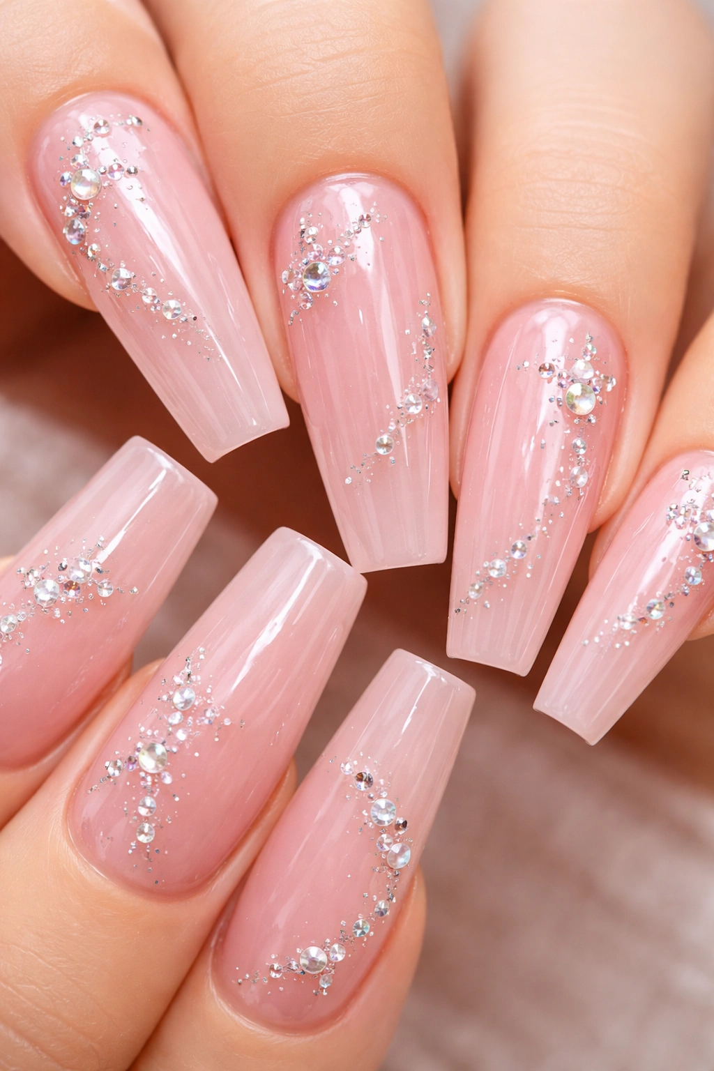 Close-up of jelly-pink coffin nails with scattered crystal clusters forming constellation patterns on a sheer base.