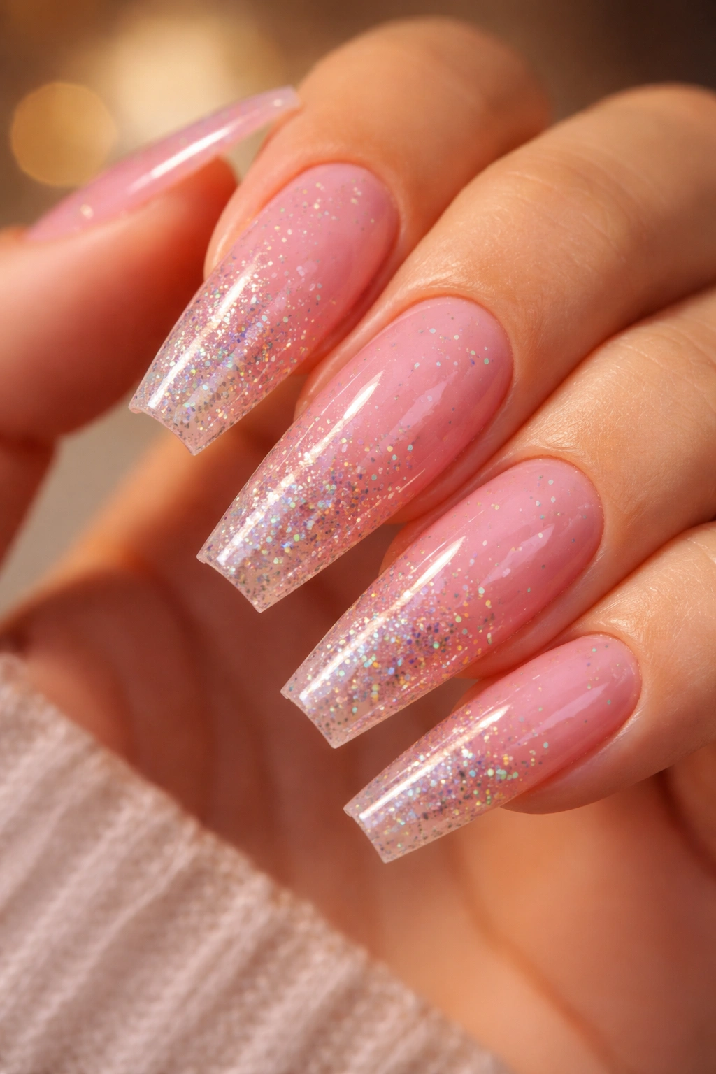 Coffin nails with jelly pink base and encapsulated glitter under clear gel