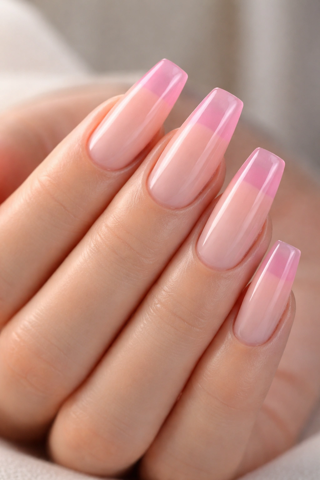Close-up of jelly pink French tips with a glassy top coat on medium coffin nails