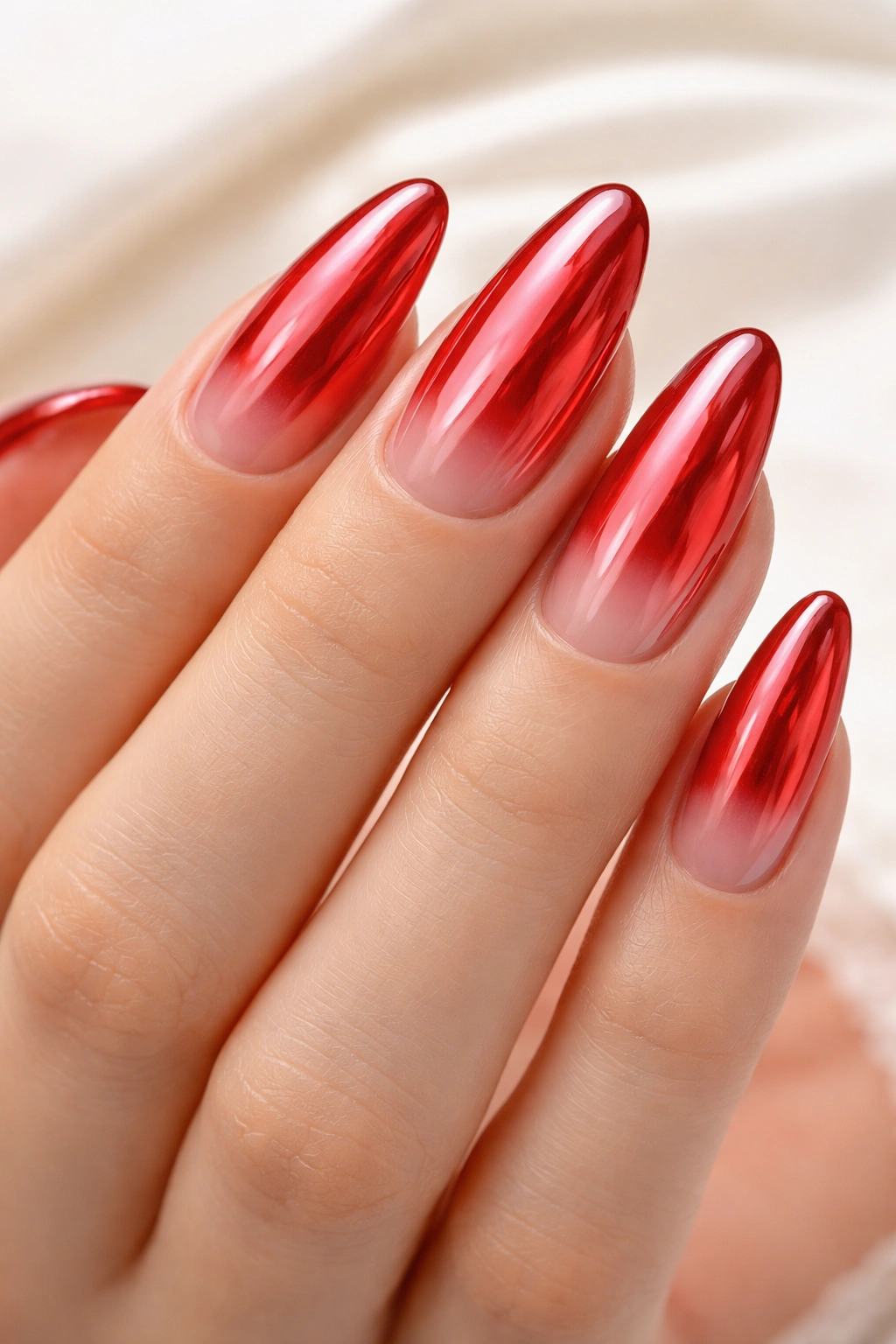 Almond nails with jelly red chrome on a sheer base.
