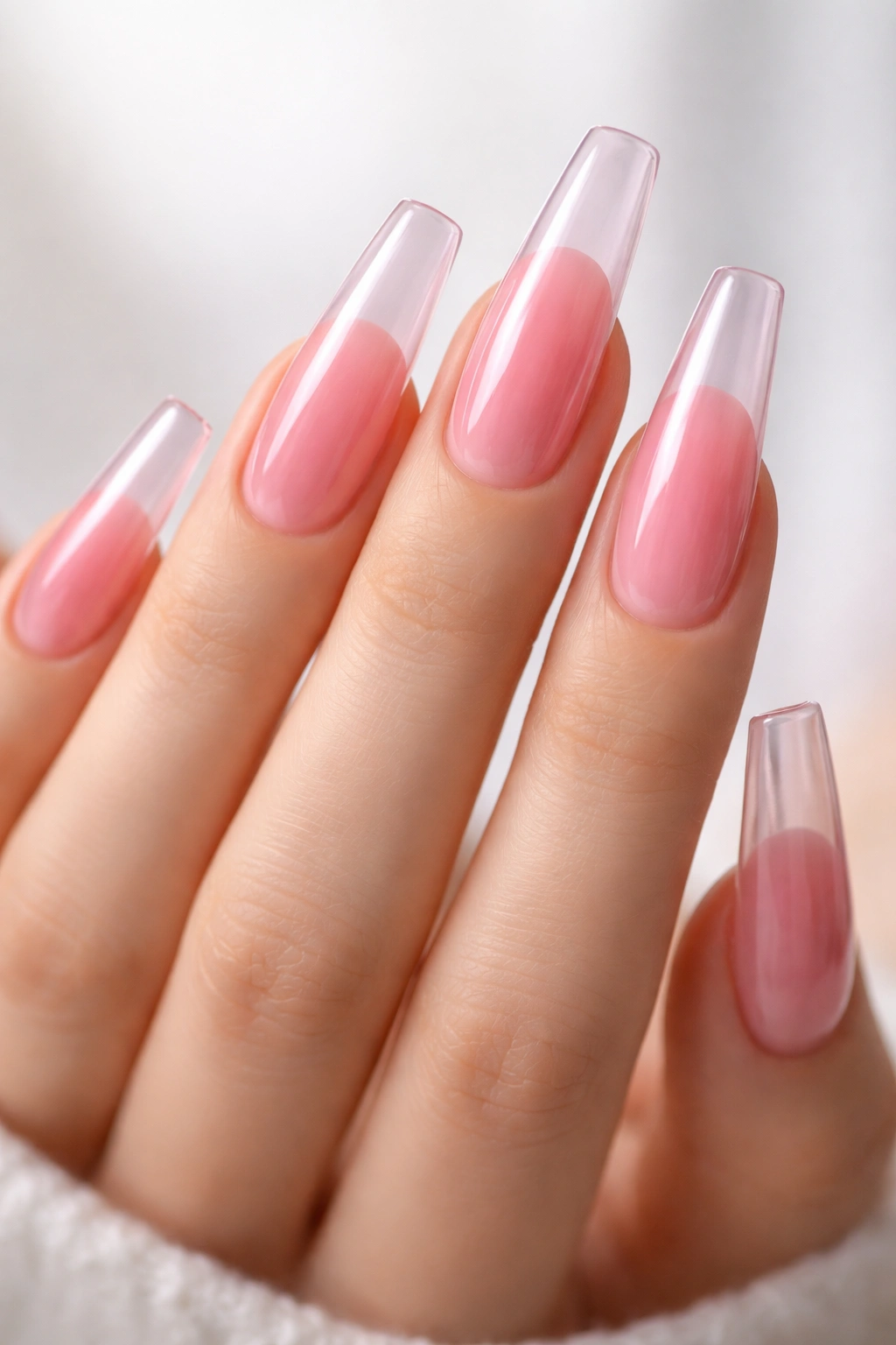Jelly rose coffin nails with translucent glass-like finish on hand