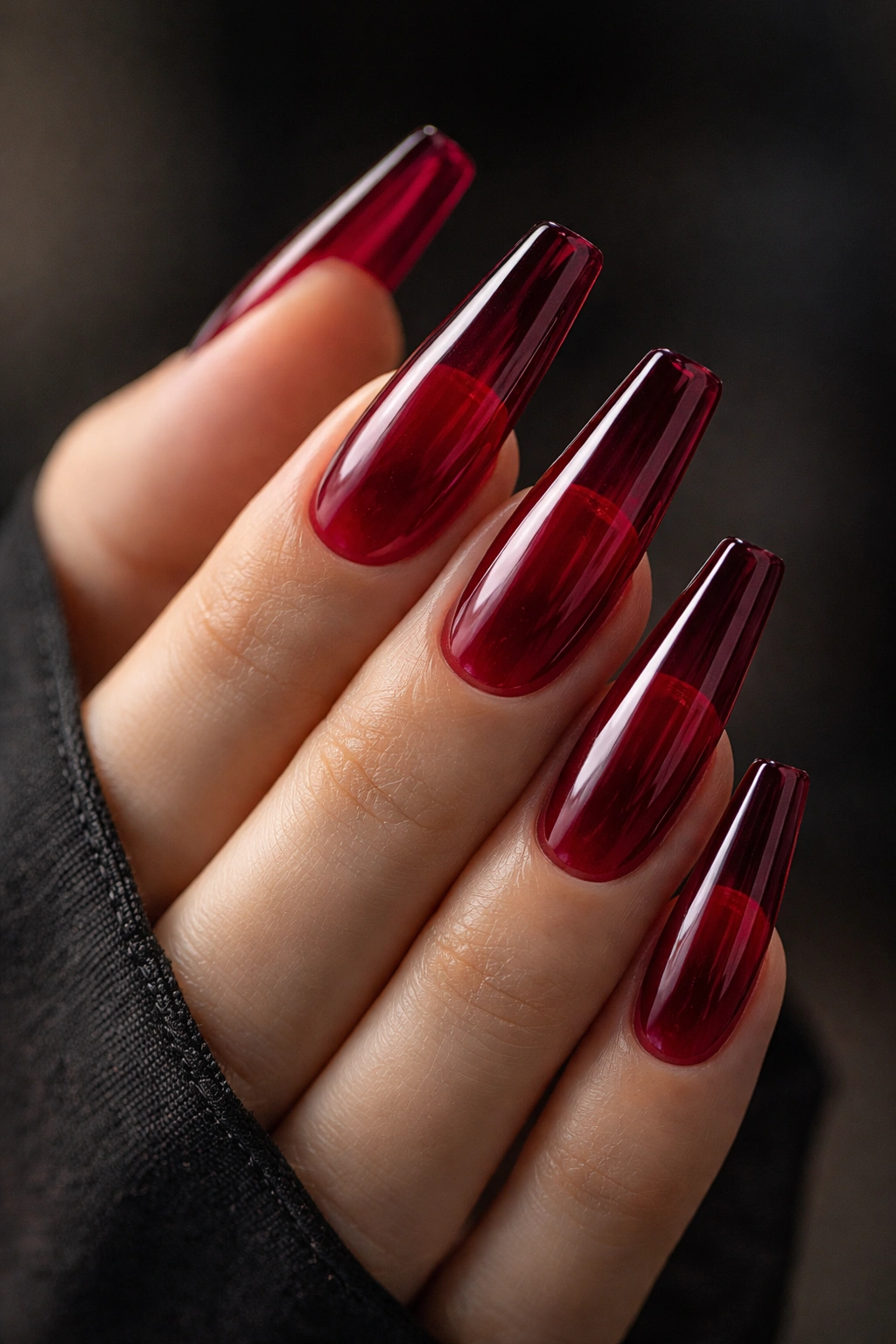 Close-up of jelly sangria coffin nails with translucent depth and light glow