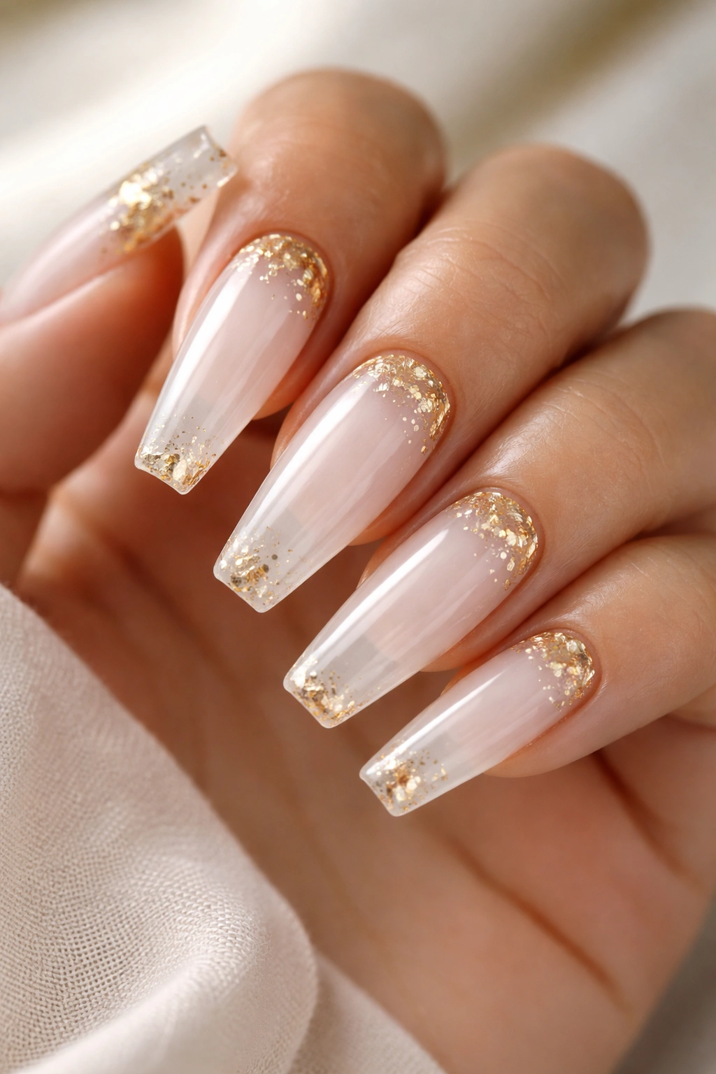 Jelly white nails with gold foil flecks