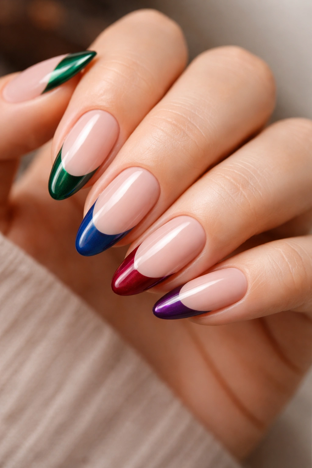 Almond nails with different jewel-tone tips on a uniform base