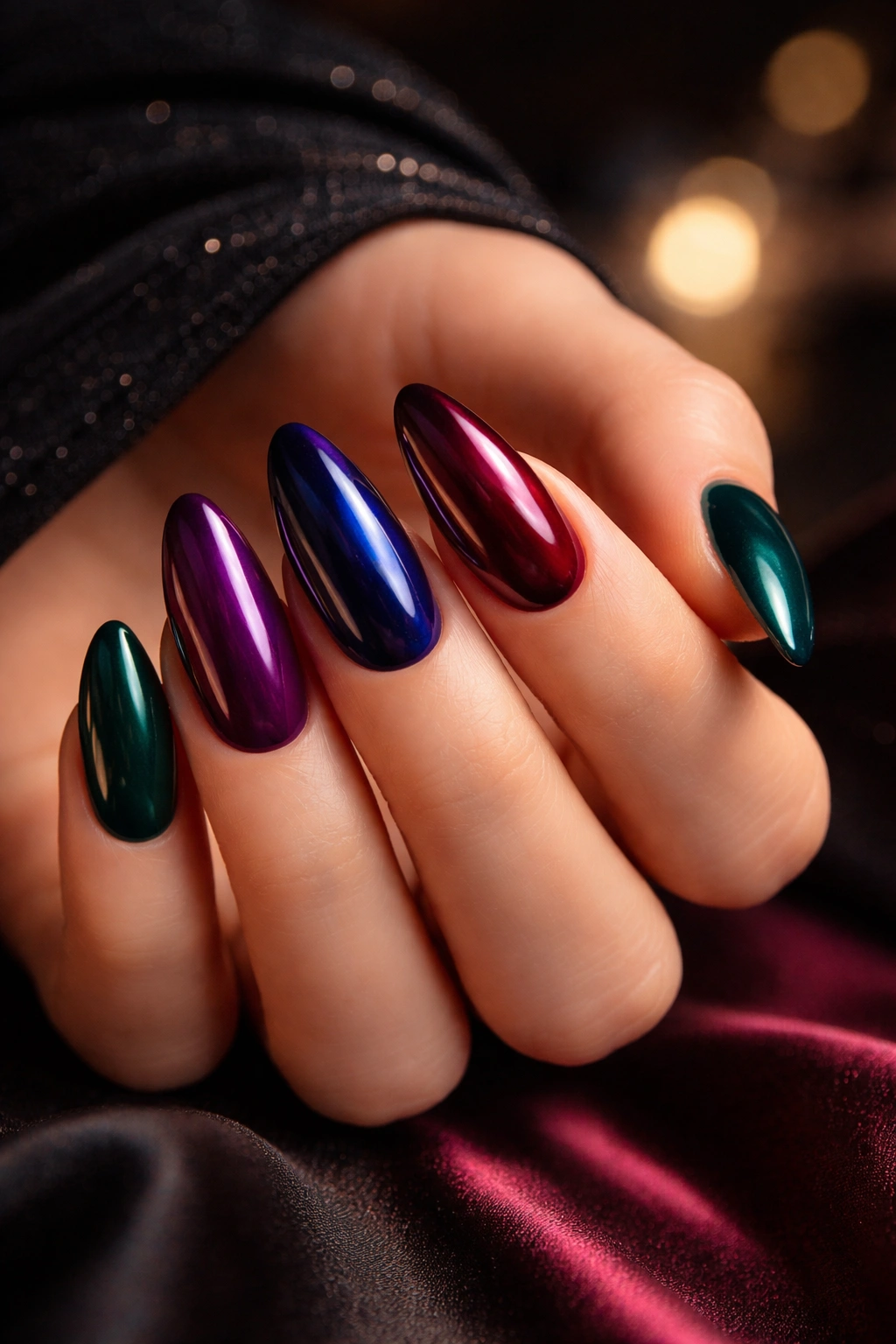 Close-up of almond nails in jewel tones like emerald and sapphire with glossy finish.