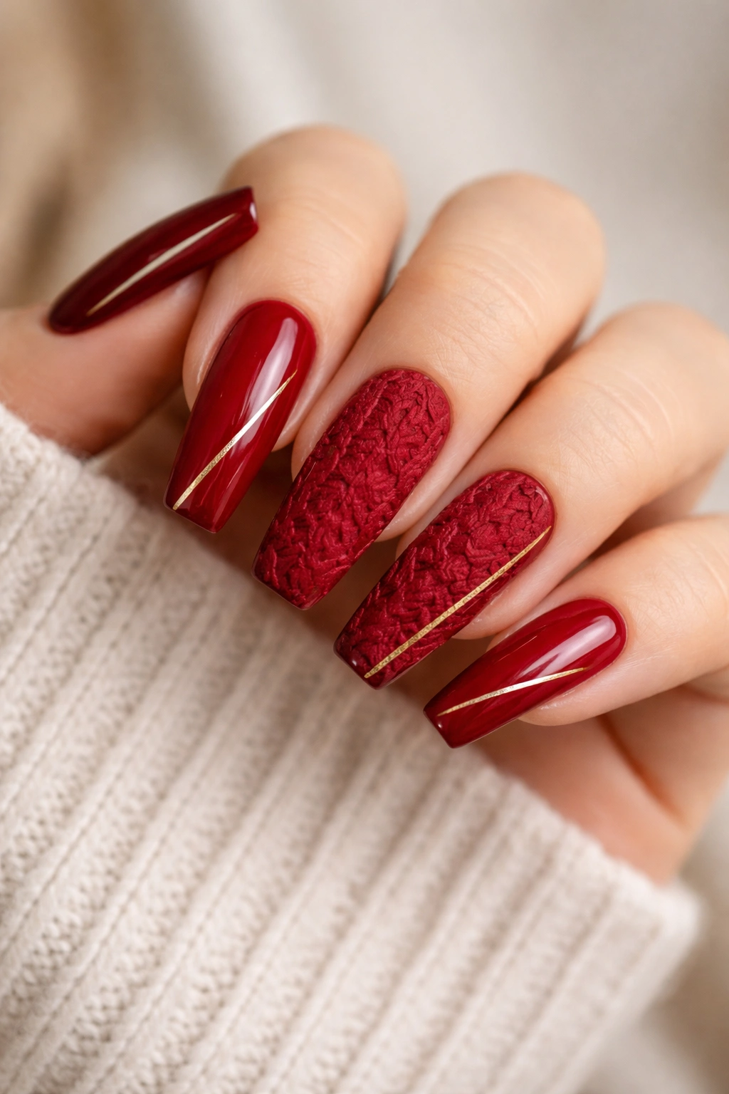 Close-up of red sweater texture coffin nails with gold stripes