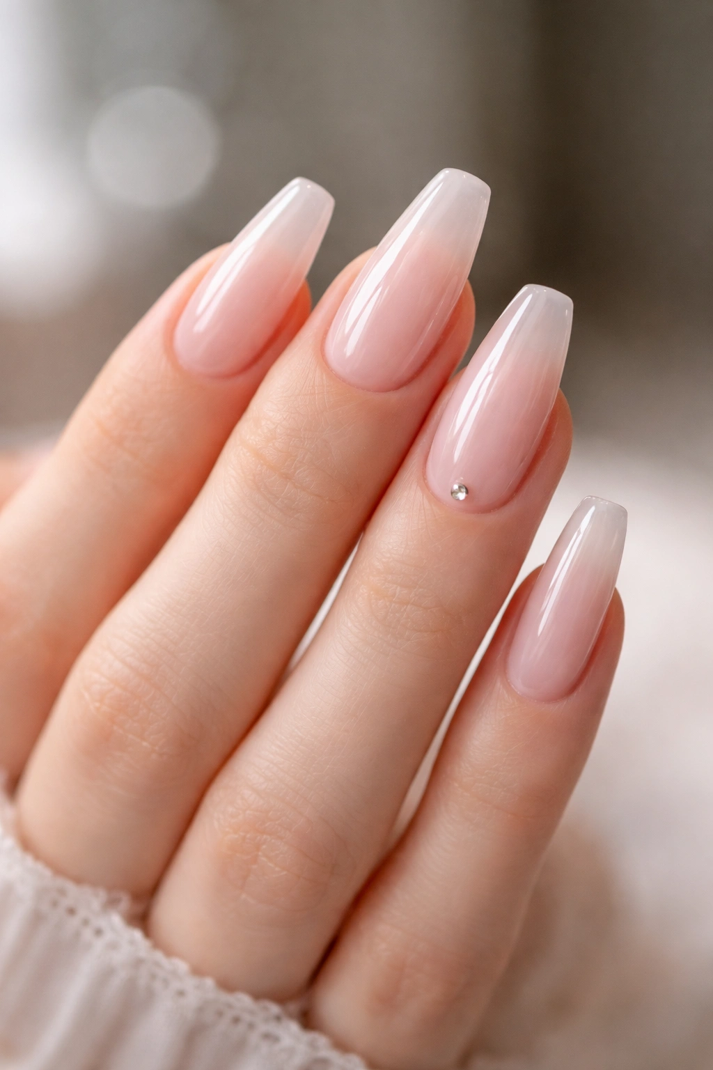 Close-up of hands with soft milky-pink coffin nails and smooth taper