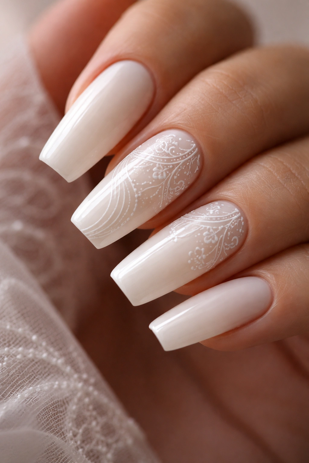 Milky coffin nails with delicate white lace line art