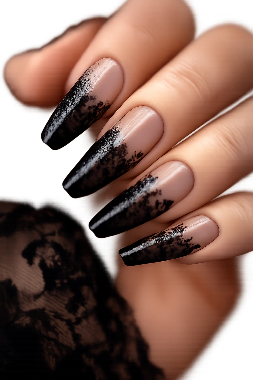 Coffin nails with black lace overlay on sheer base