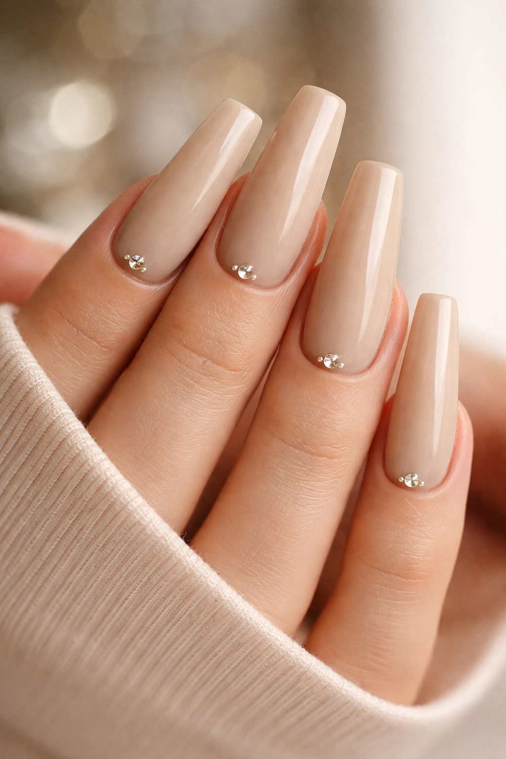 Latte beige coffin nails with tiny cuticle crystals