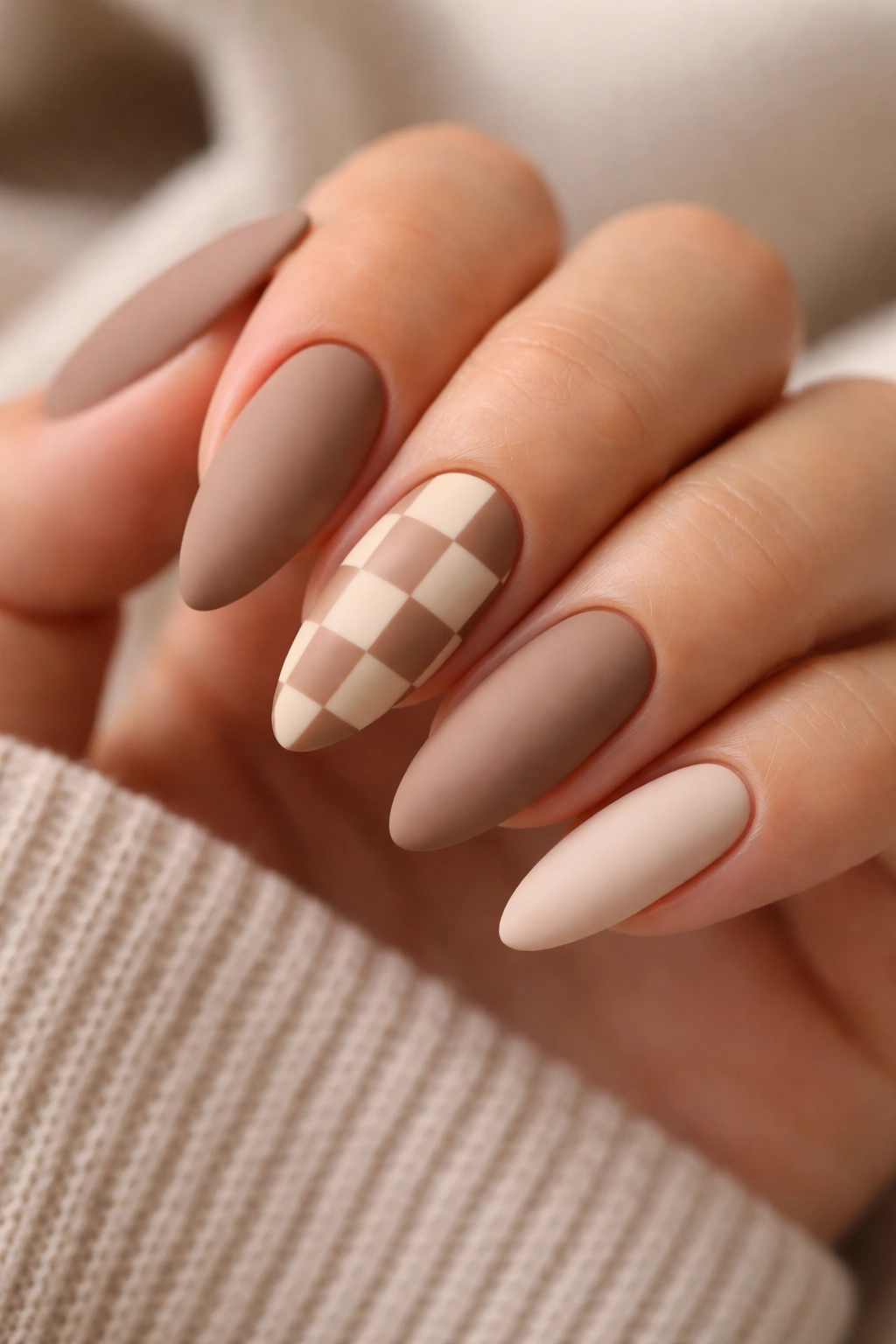 Almond nails with latte checkerboard accents on accent nails, matte finish