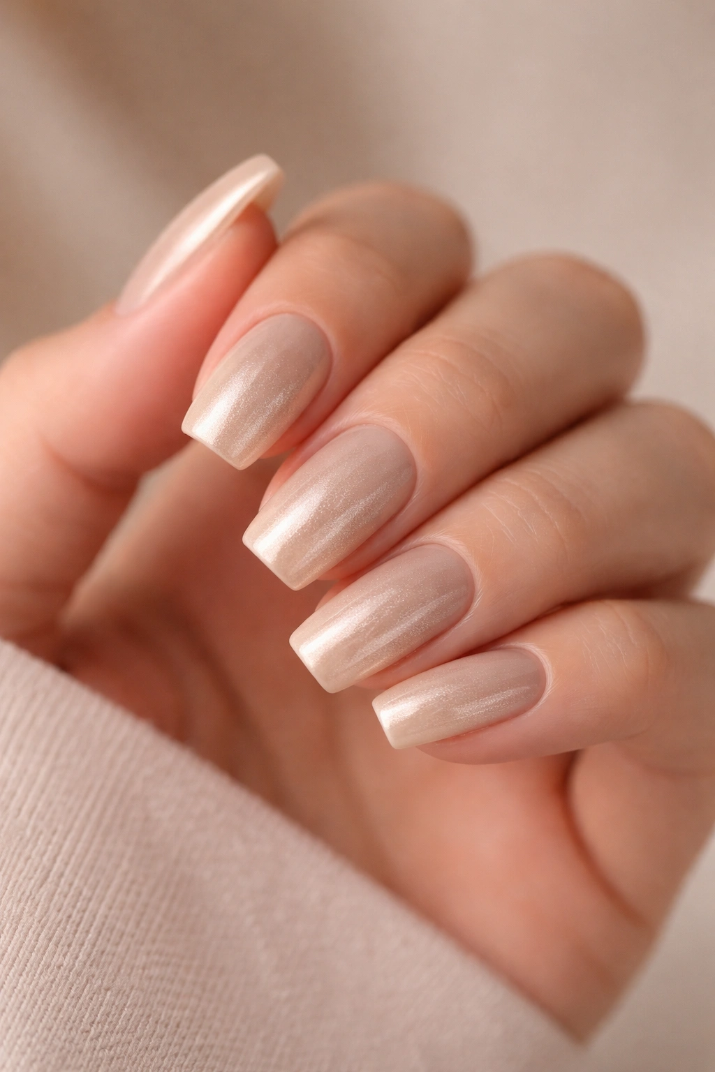 Latte nude short coffin nails with champagne-pearl chrome.