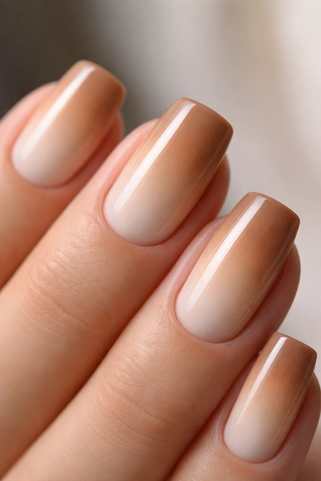 Close-up of a short coffin nail with latte ombre from creamy beige to mocha