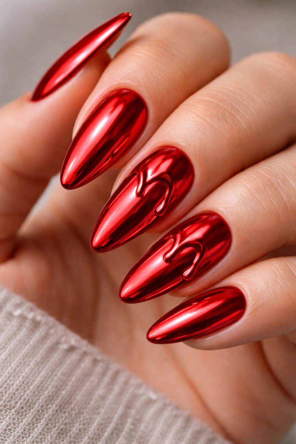 Almond nails with lava red chrome and drip art accents